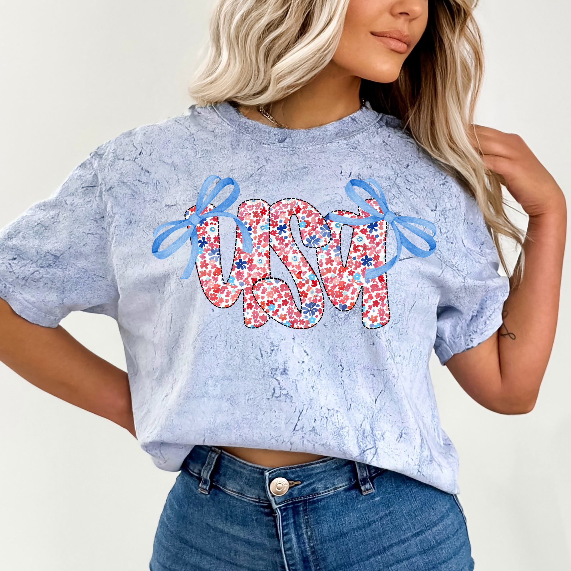 USA Ribbons Coquette Fourth of July America Patriotic Color Blast Comfort Colors Tee