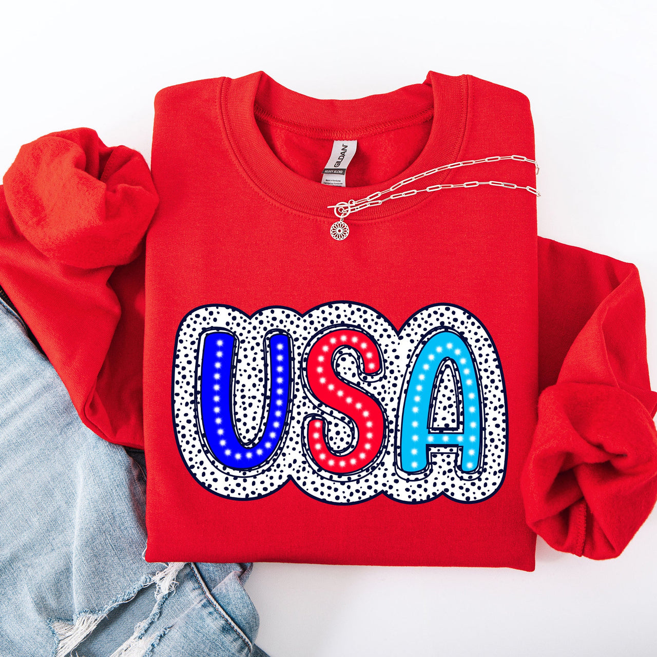 USA Dalmatian Print Patriotic Red White Blue 4th of July Celebration American Sweatshirt