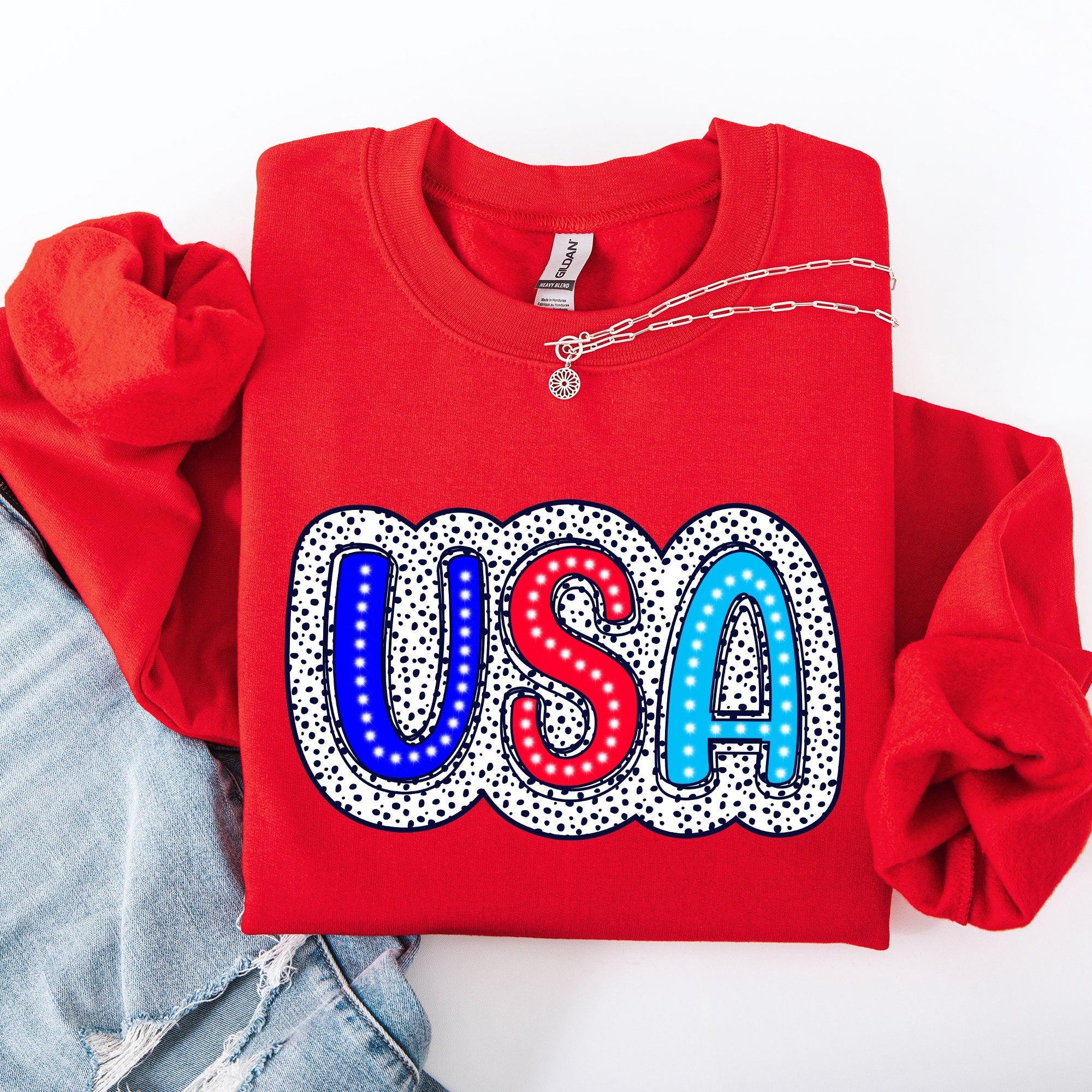 USA Dalmatian Print Patriotic Red White Blue 4th of July Celebration American Sweatshirt