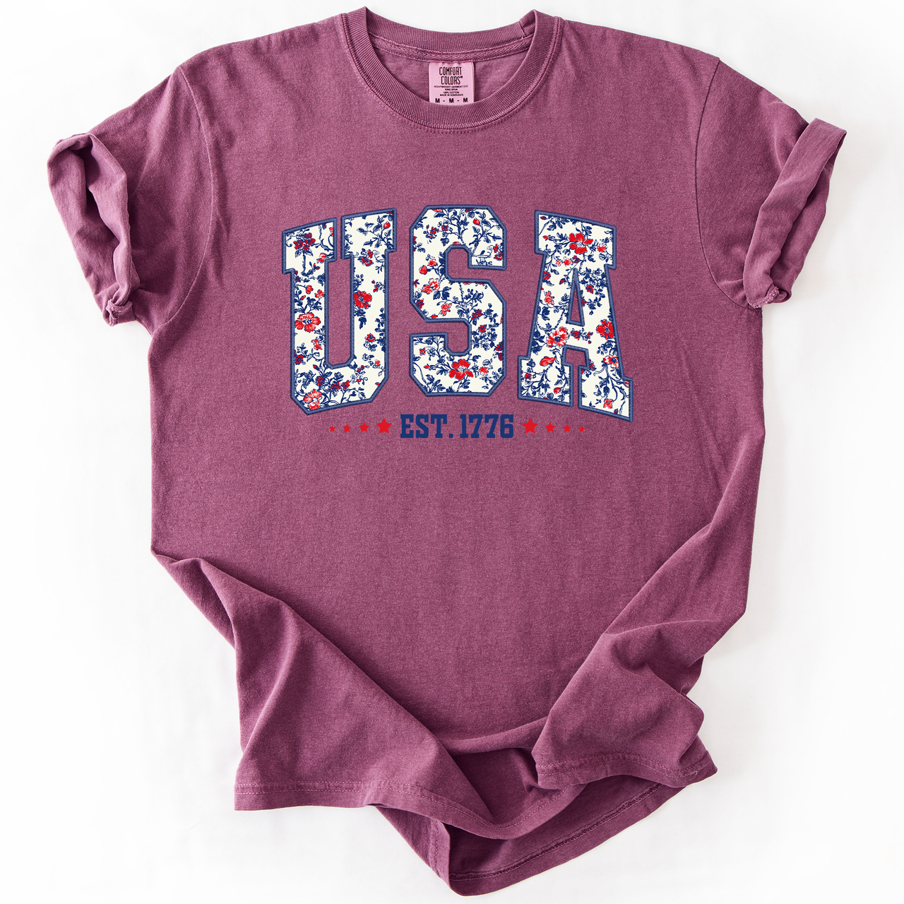 USA Floral Pattern Est 1776 Patriotic America Flag Inspired Edition Comfort Colors Tee