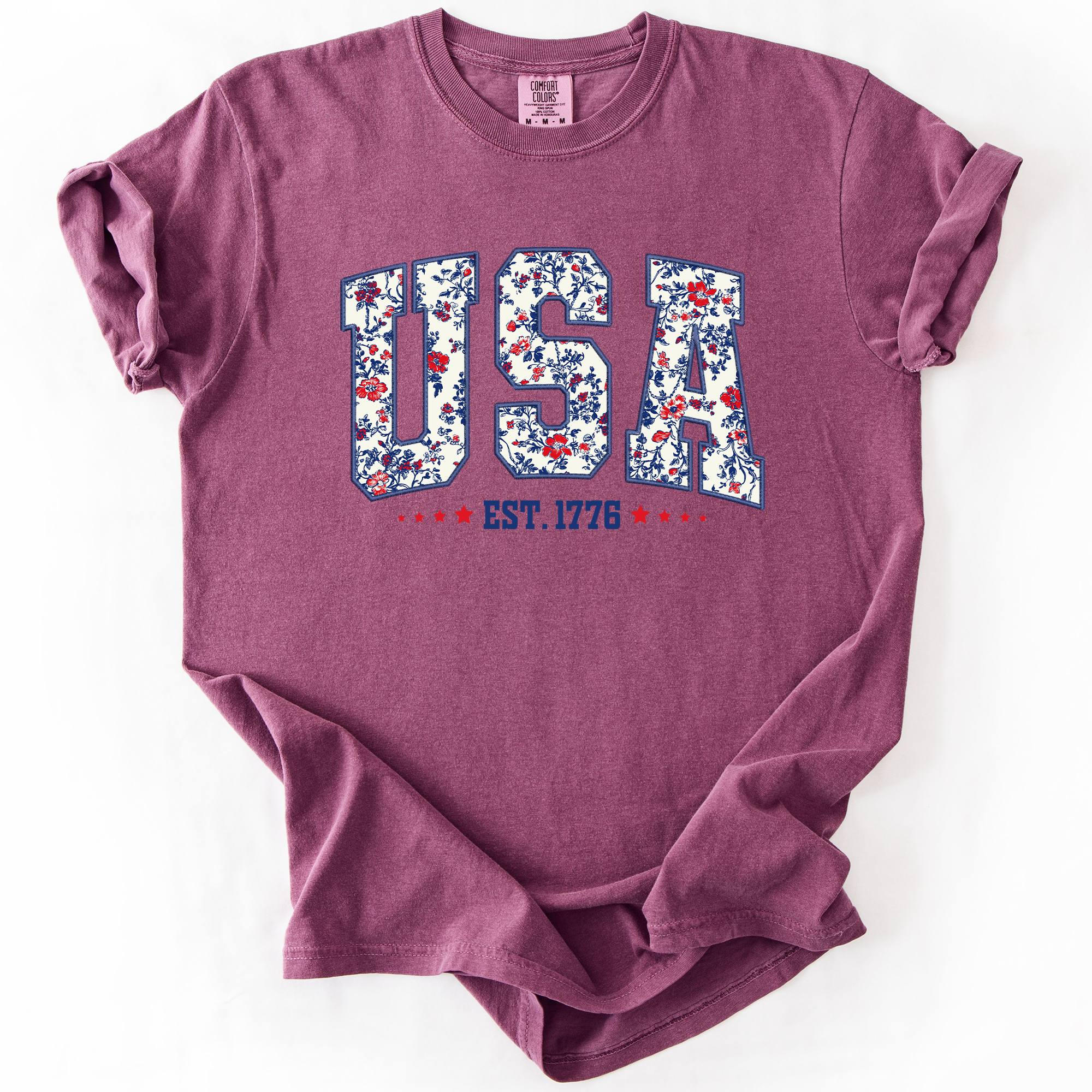 USA Floral Pattern Est 1776 Patriotic America Flag Inspired Edition Comfort Colors Tee