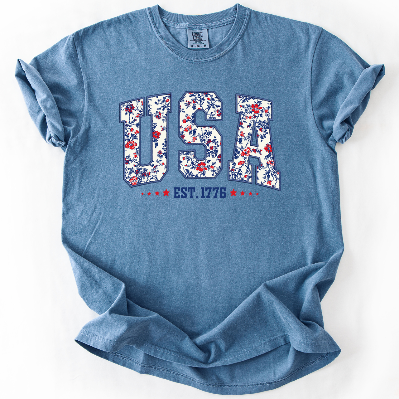 USA Floral Pattern Est 1776 Patriotic America Flag Inspired Edition Comfort Colors Tee