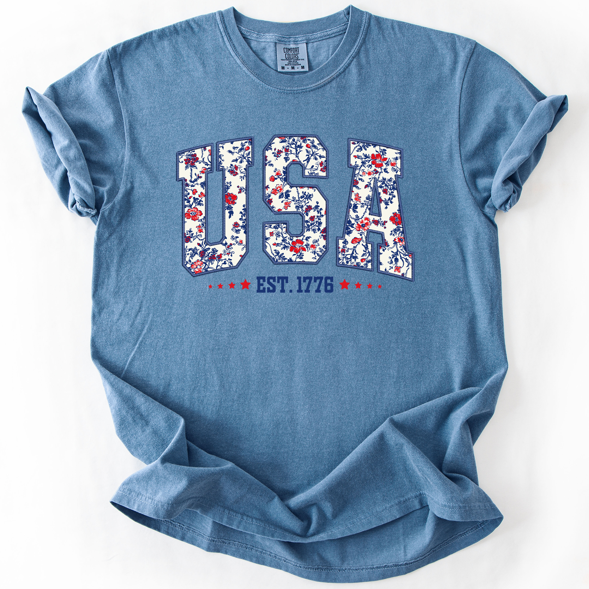 USA Floral Pattern Est 1776 Patriotic America Flag Inspired Edition Comfort Colors Tee