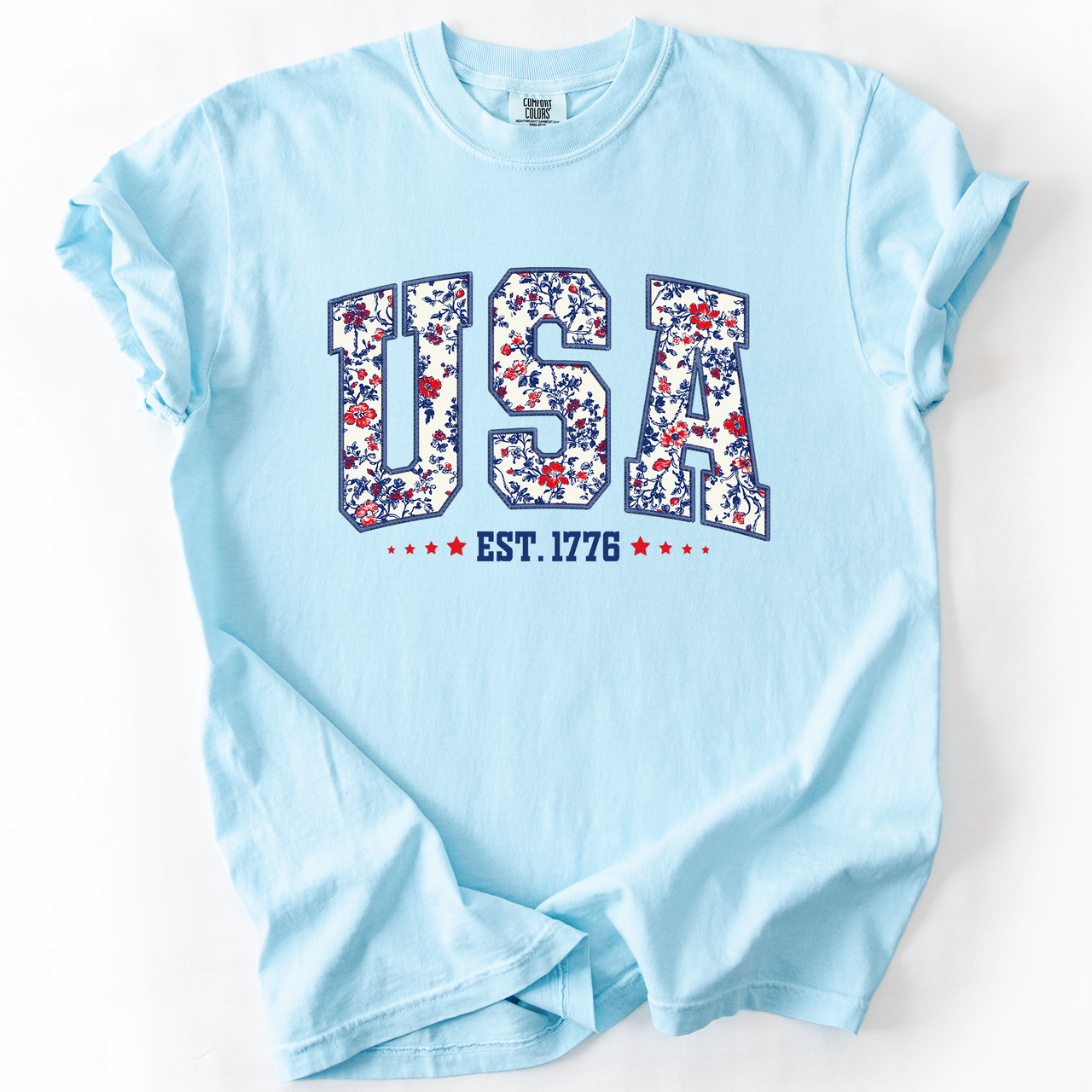 USA Floral Pattern Est 1776 Patriotic America Flag Inspired Edition Comfort Colors Tee