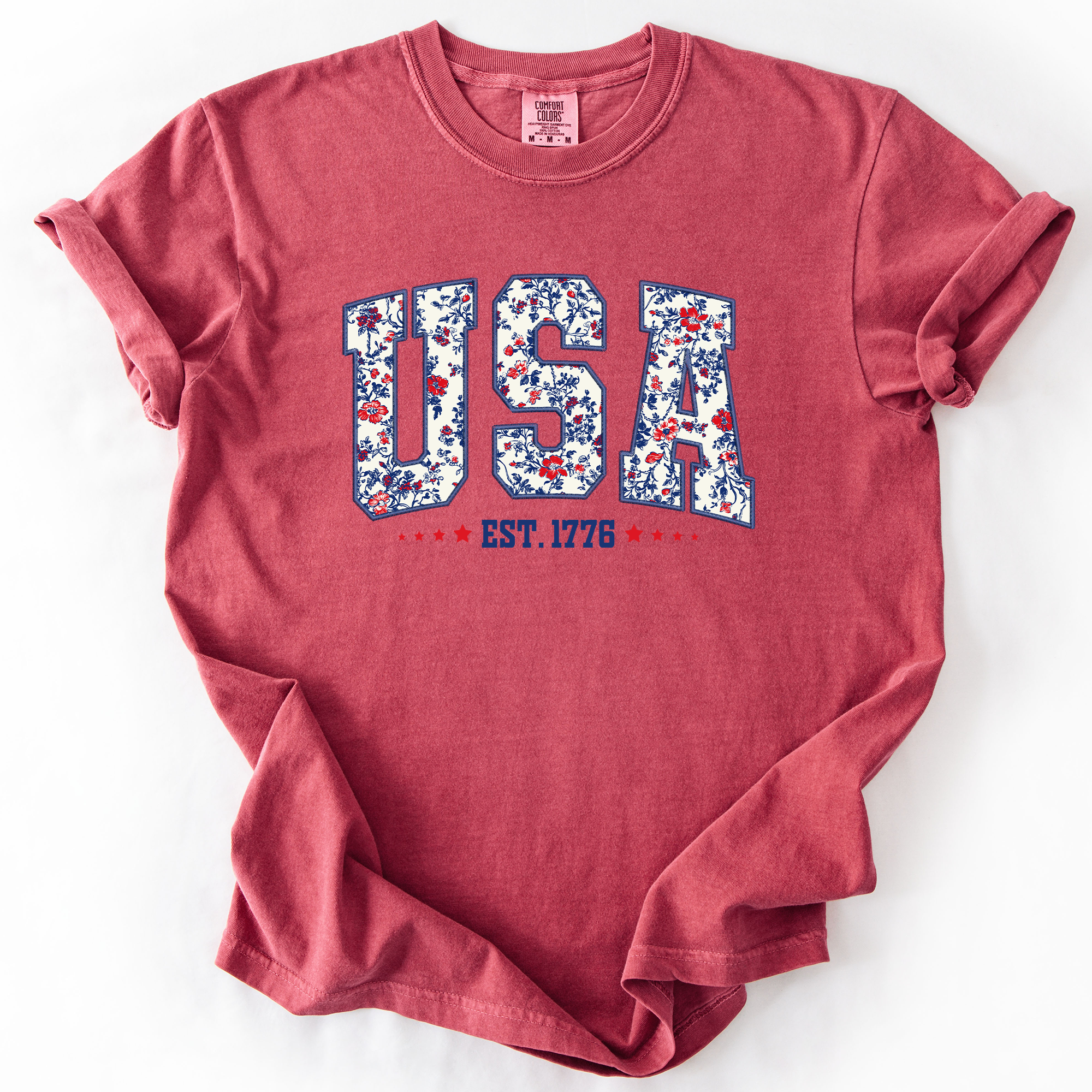 USA Floral Pattern Est 1776 Patriotic America Flag Inspired Edition Comfort Colors Tee