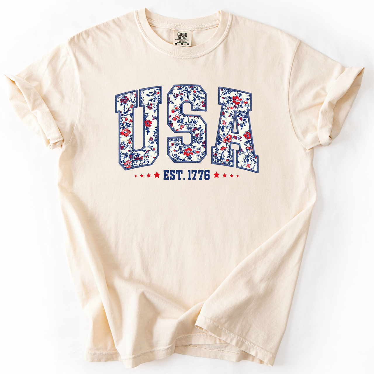 USA Floral Pattern Est 1776 Patriotic America Flag Inspired Edition Comfort Colors Tee