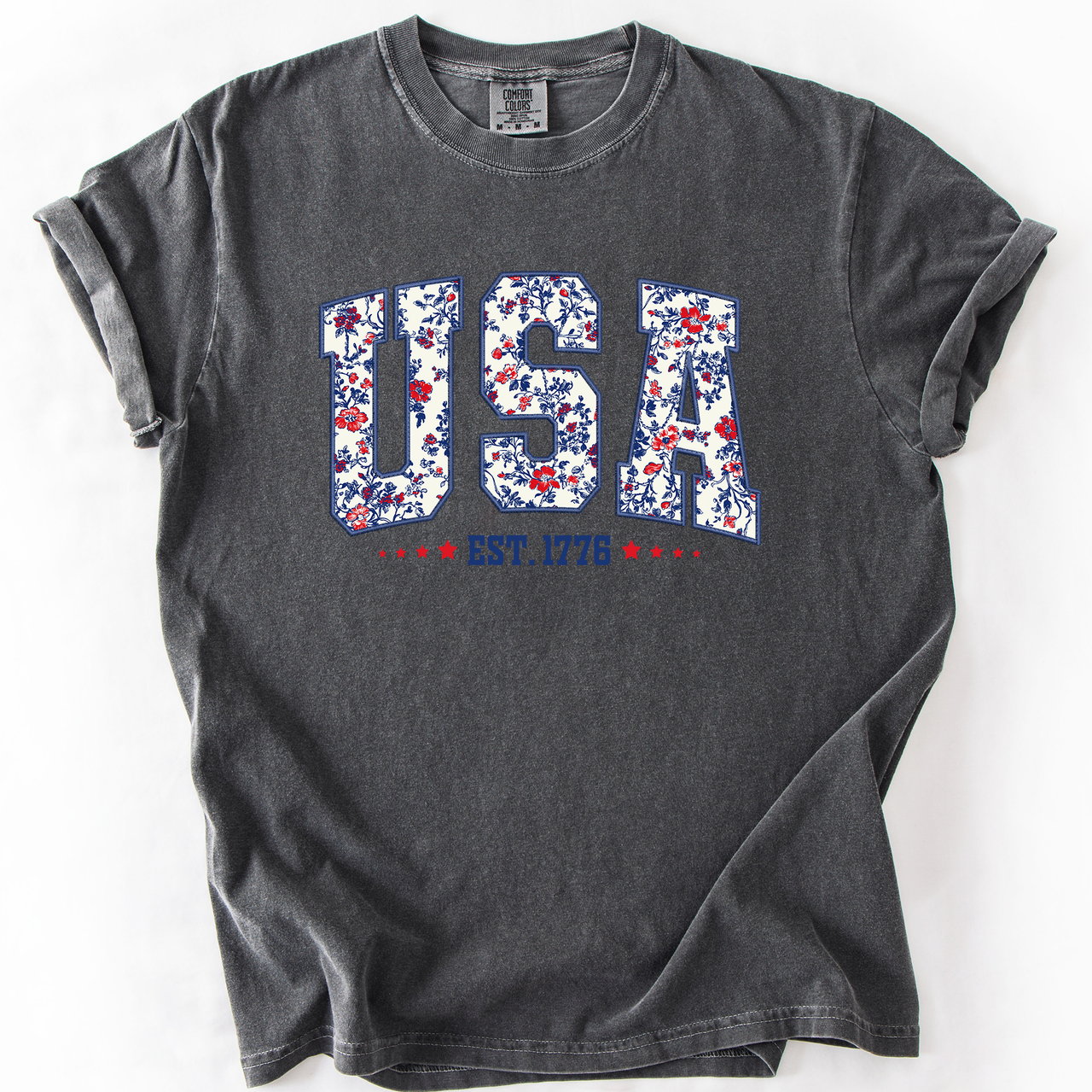 USA Floral Pattern Est 1776 Patriotic America Flag Inspired Edition Comfort Colors Tee