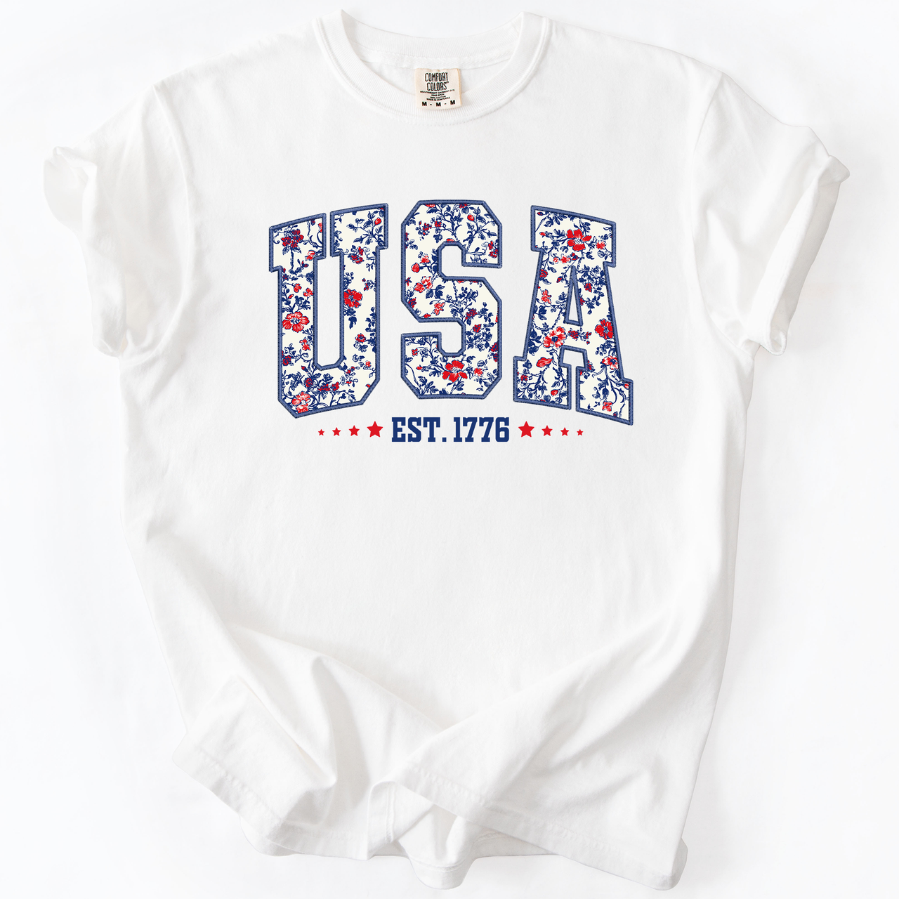 USA Floral Pattern Est 1776 Patriotic America Flag Inspired Edition Comfort Colors Tee