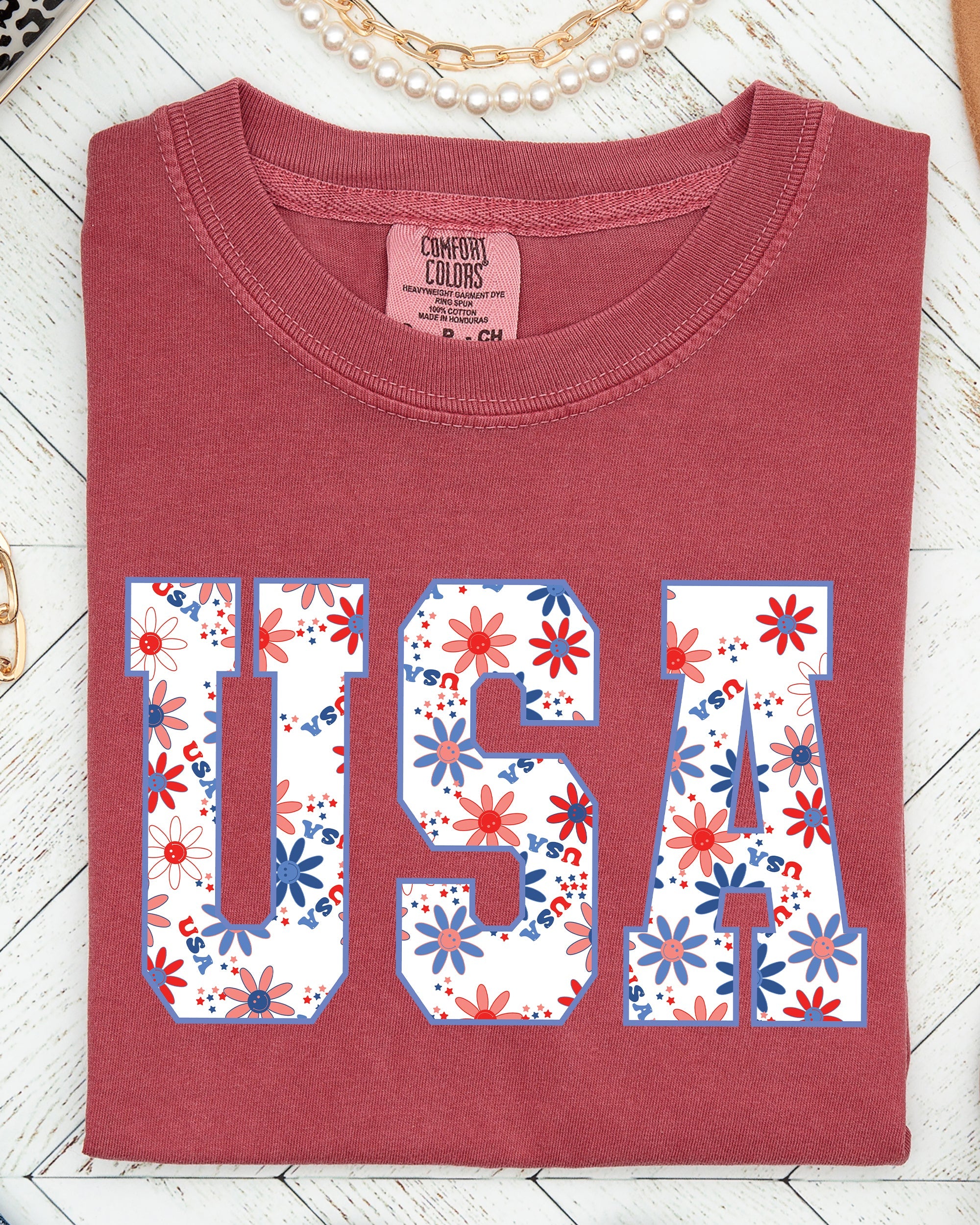 USA Floral Patriot Crest With Americana Flowers And Summer Pride Comfort Colors Tee