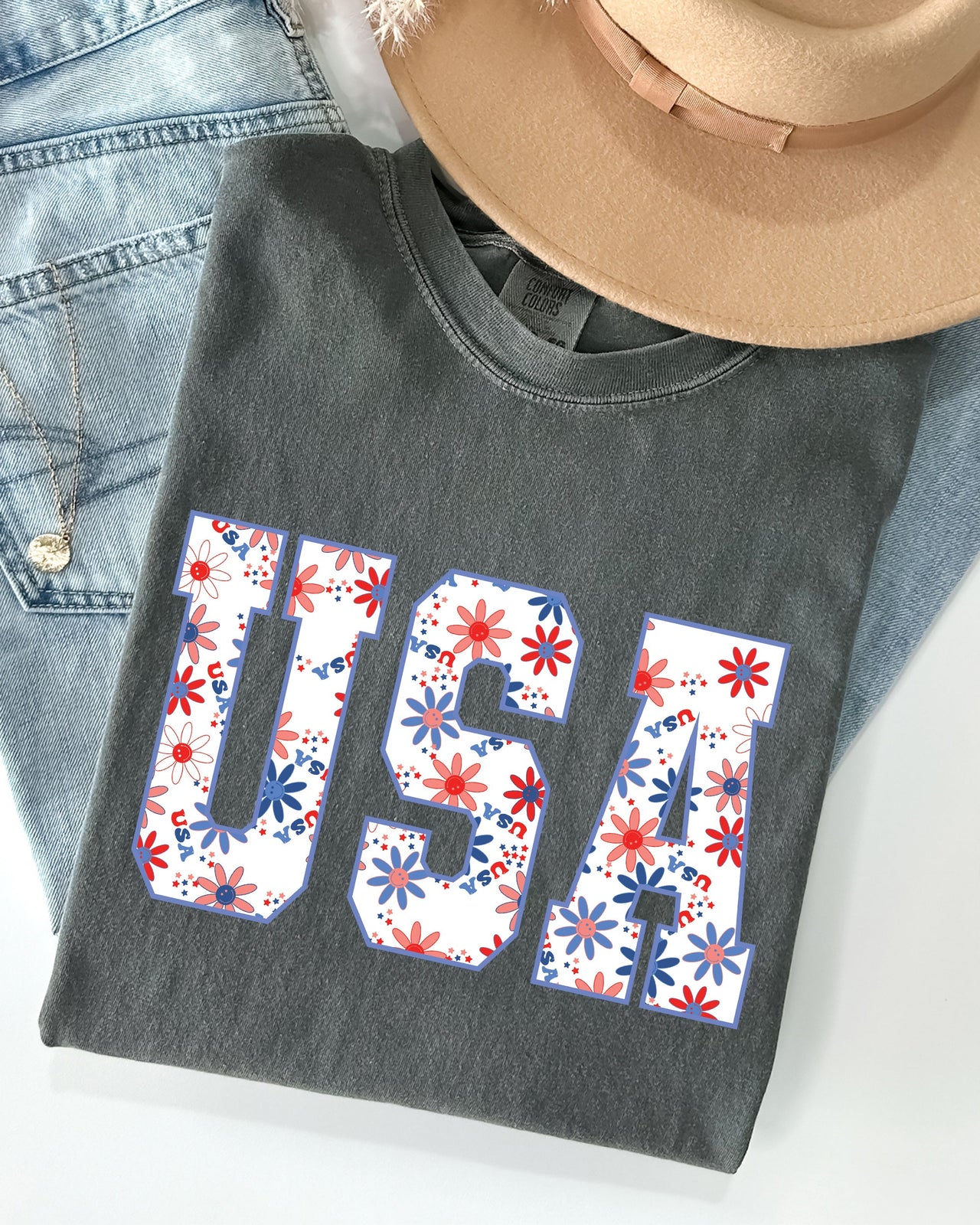 USA Floral Patriot Crest With Americana Flowers And Summer Pride Comfort Colors Tee
