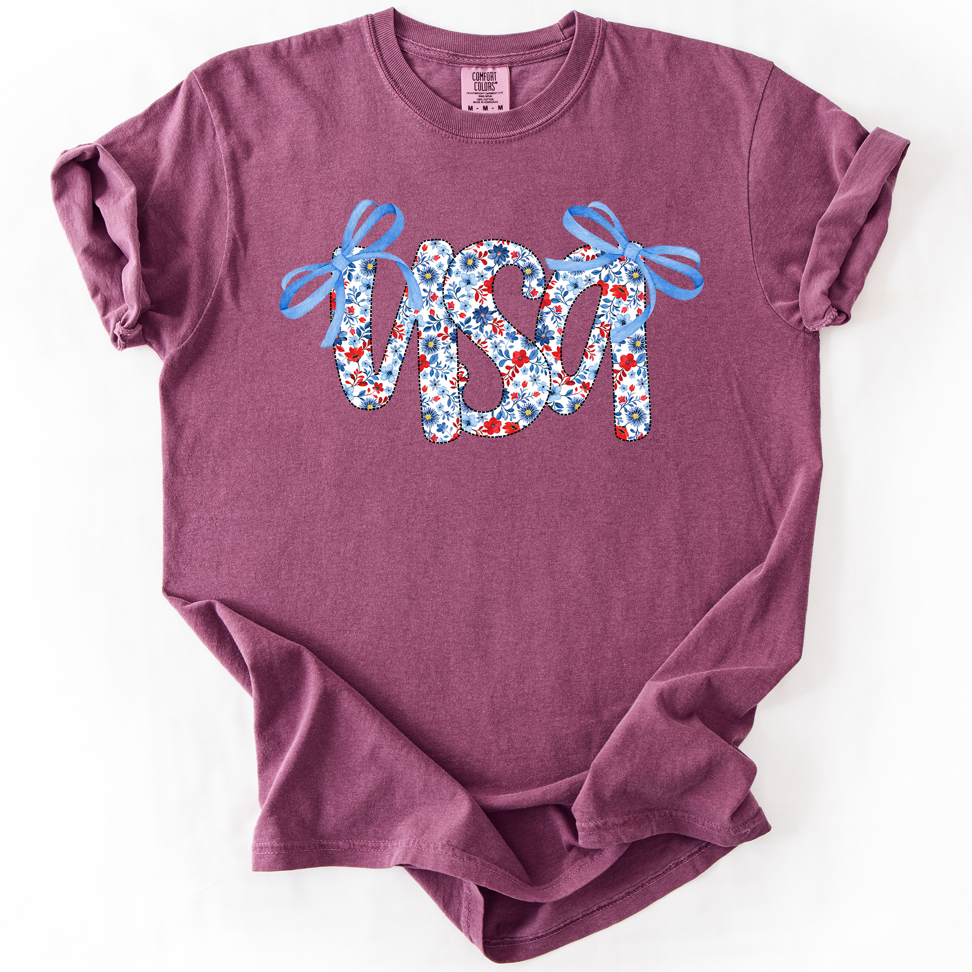 USA Patriotic Floral Patterns With Ribbons For Fourth Of July And American Pride Comfort Colors Tee
