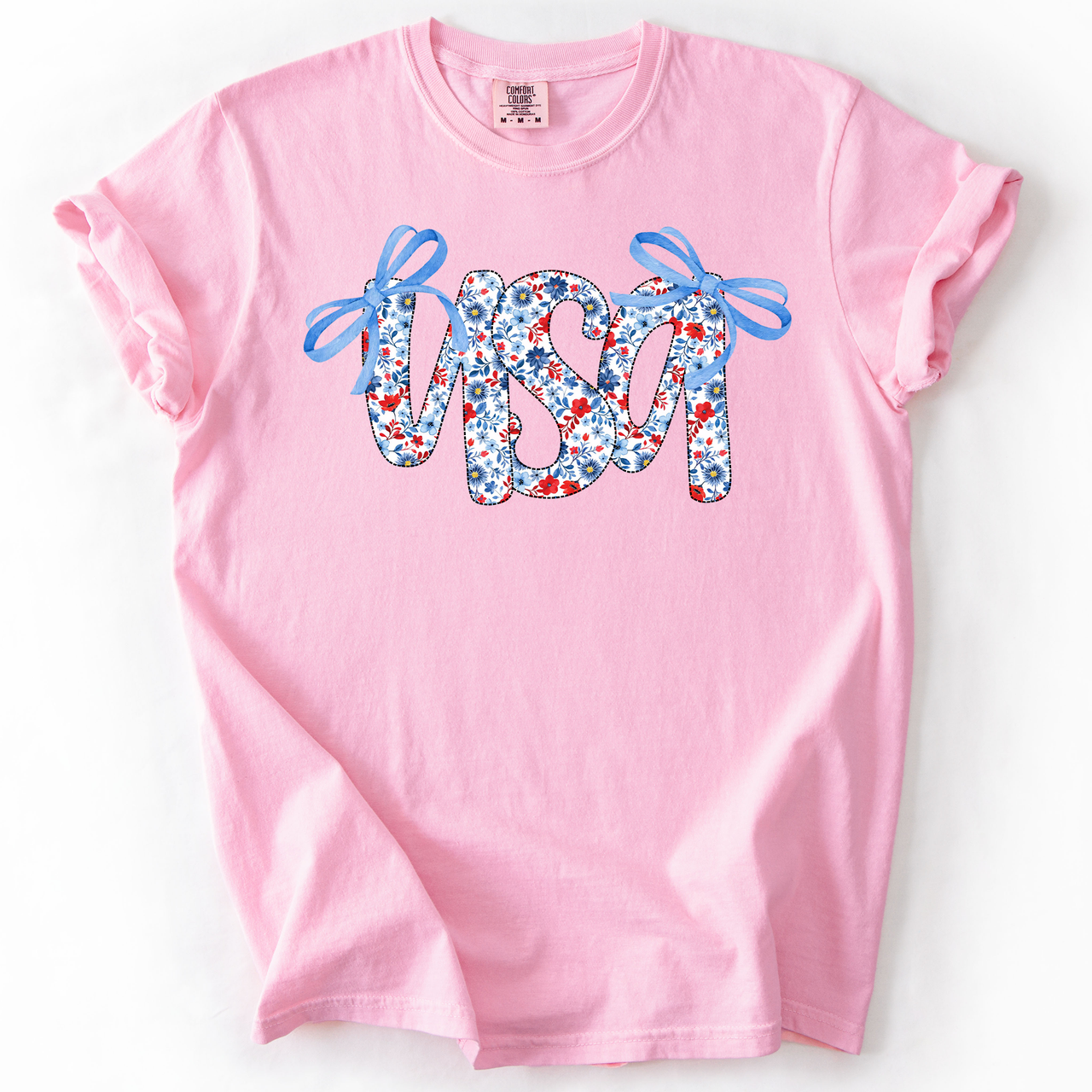 USA Patriotic Floral Patterns With Ribbons For Fourth Of July And American Pride Comfort Colors Tee