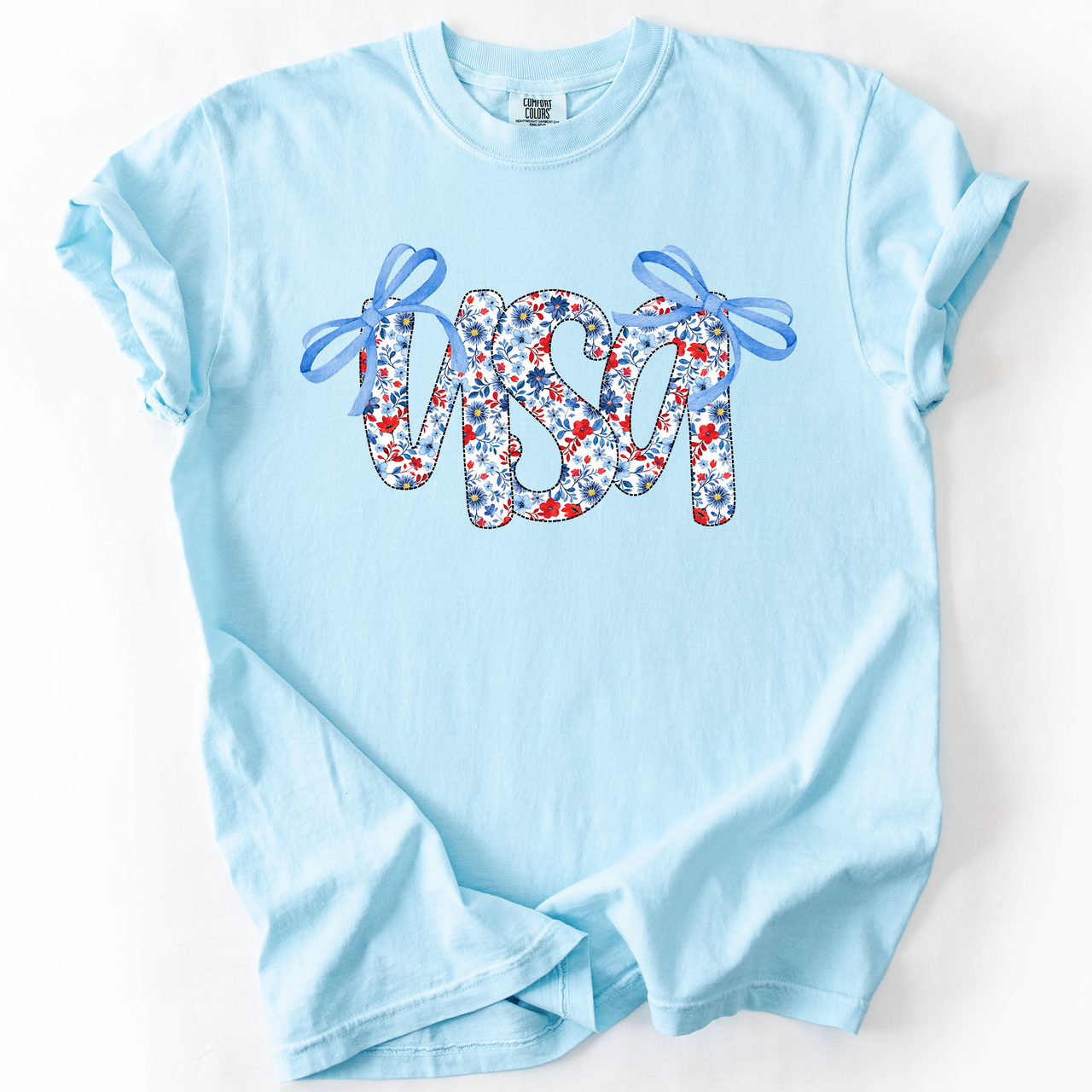 USA Patriotic Floral Patterns With Ribbons For Fourth Of July And American Pride Comfort Colors Tee
