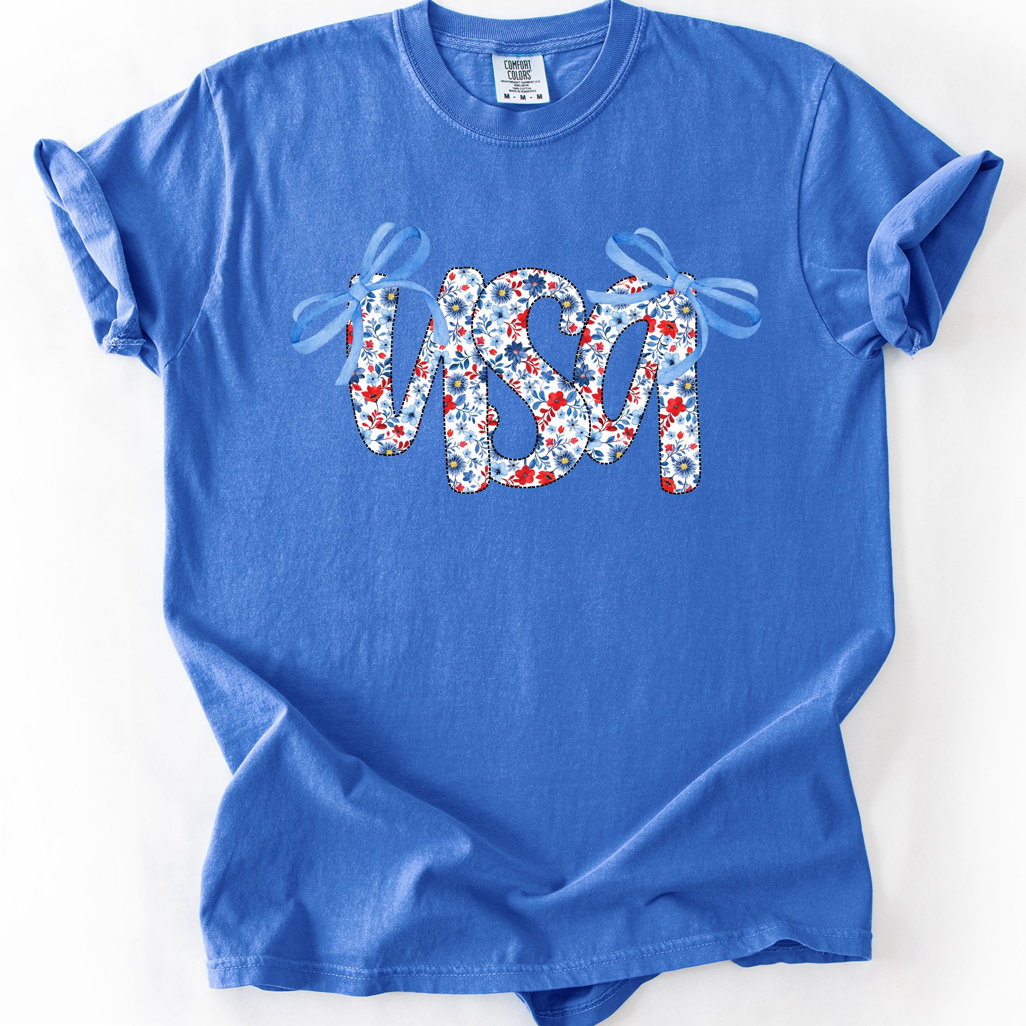 USA Patriotic Floral Patterns With Ribbons For Fourth Of July And American Pride Comfort Colors Tee