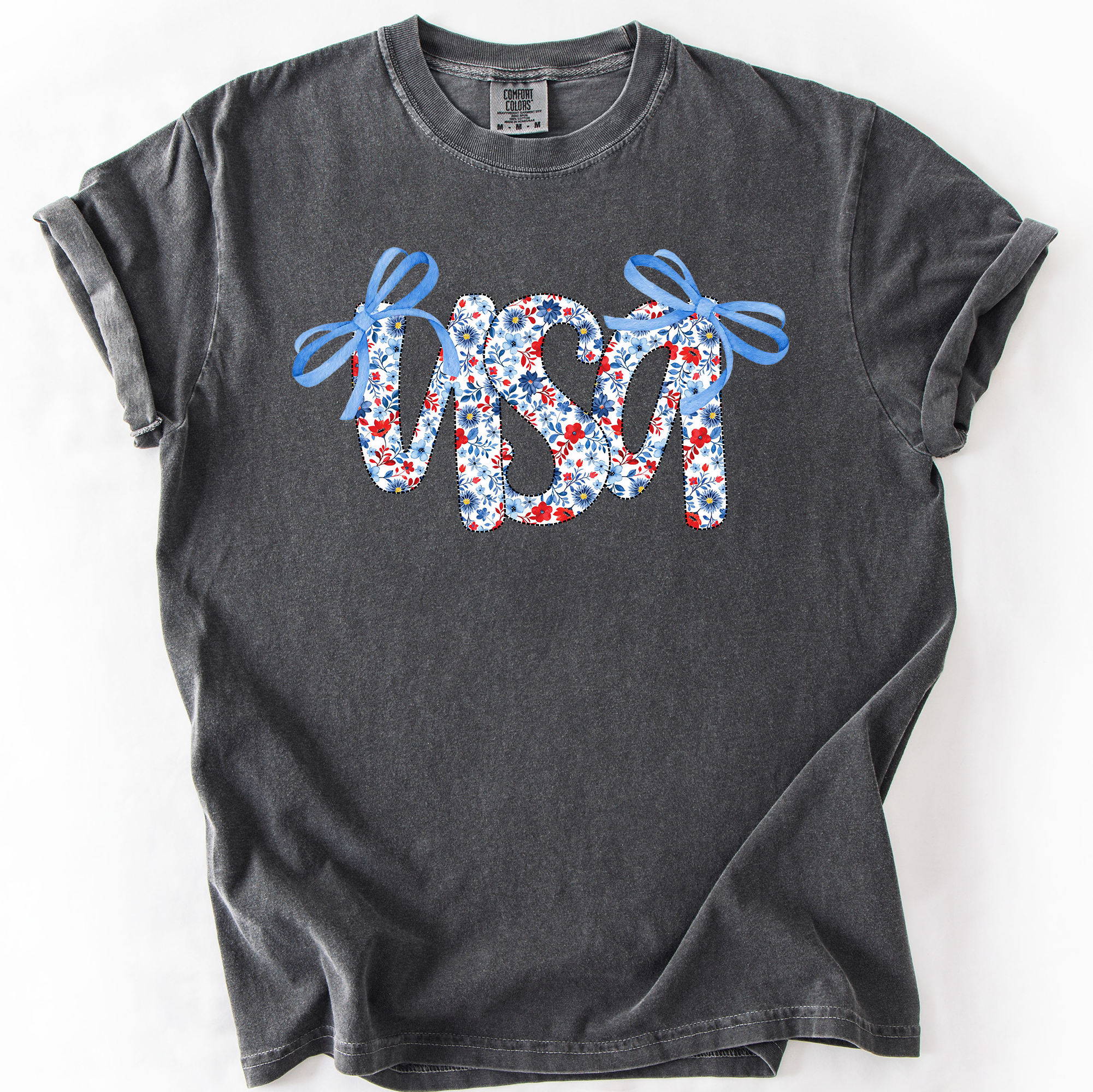 USA Patriotic Floral Patterns With Ribbons For Fourth Of July And American Pride Comfort Colors Tee