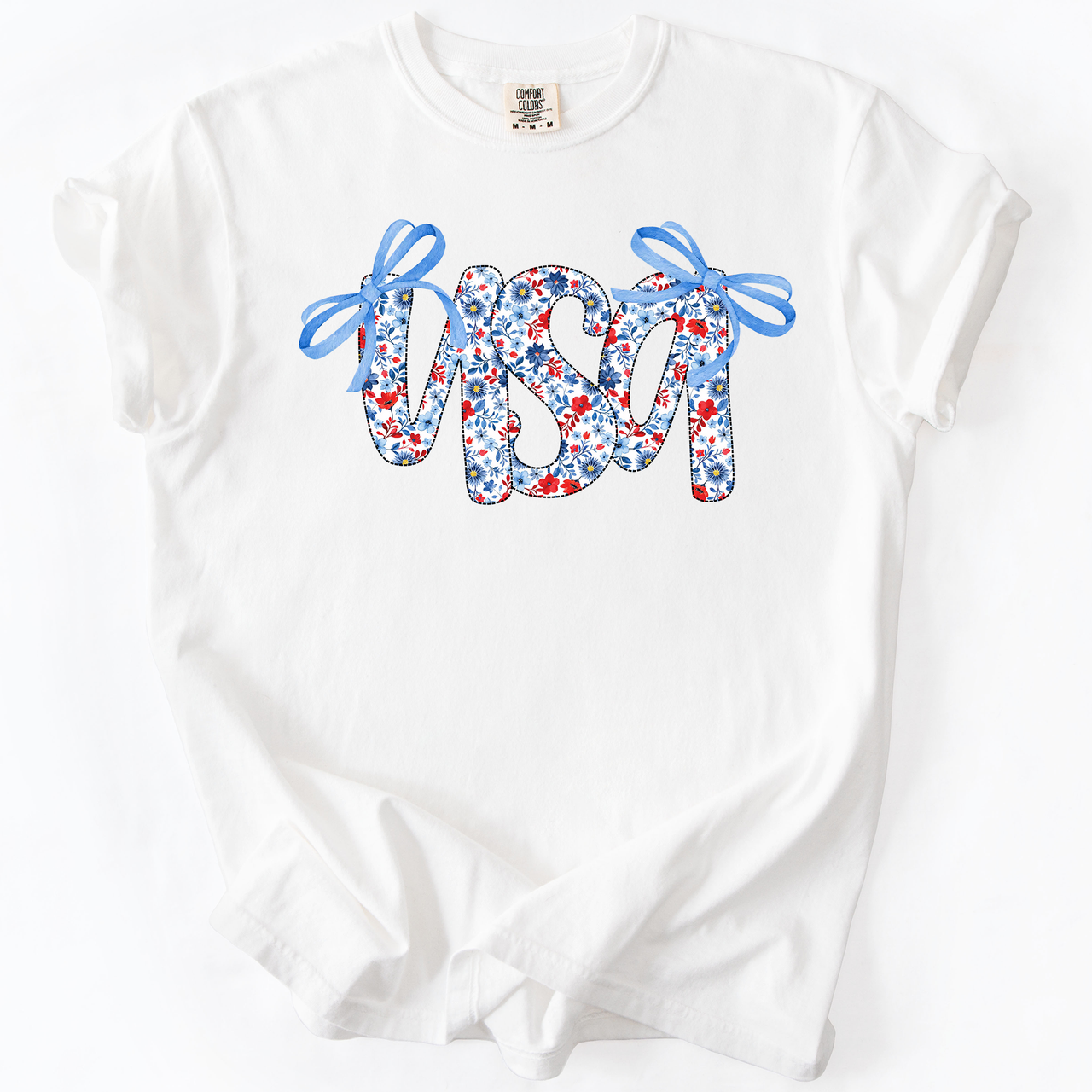 USA Patriotic Floral Patterns With Ribbons For Fourth Of July And American Pride Comfort Colors Tee
