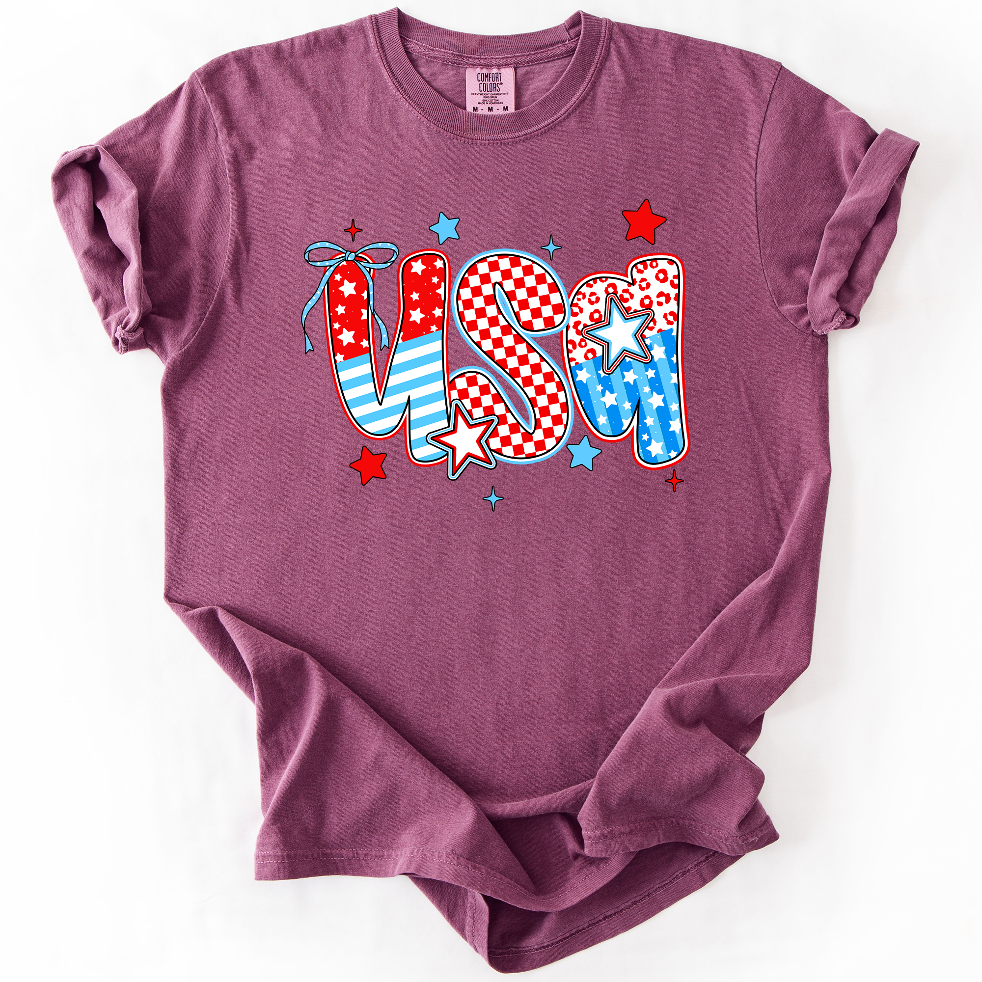 USA Patriotic Patterns Bow Fourth Of July America Design Edition Comfort Colors Tee