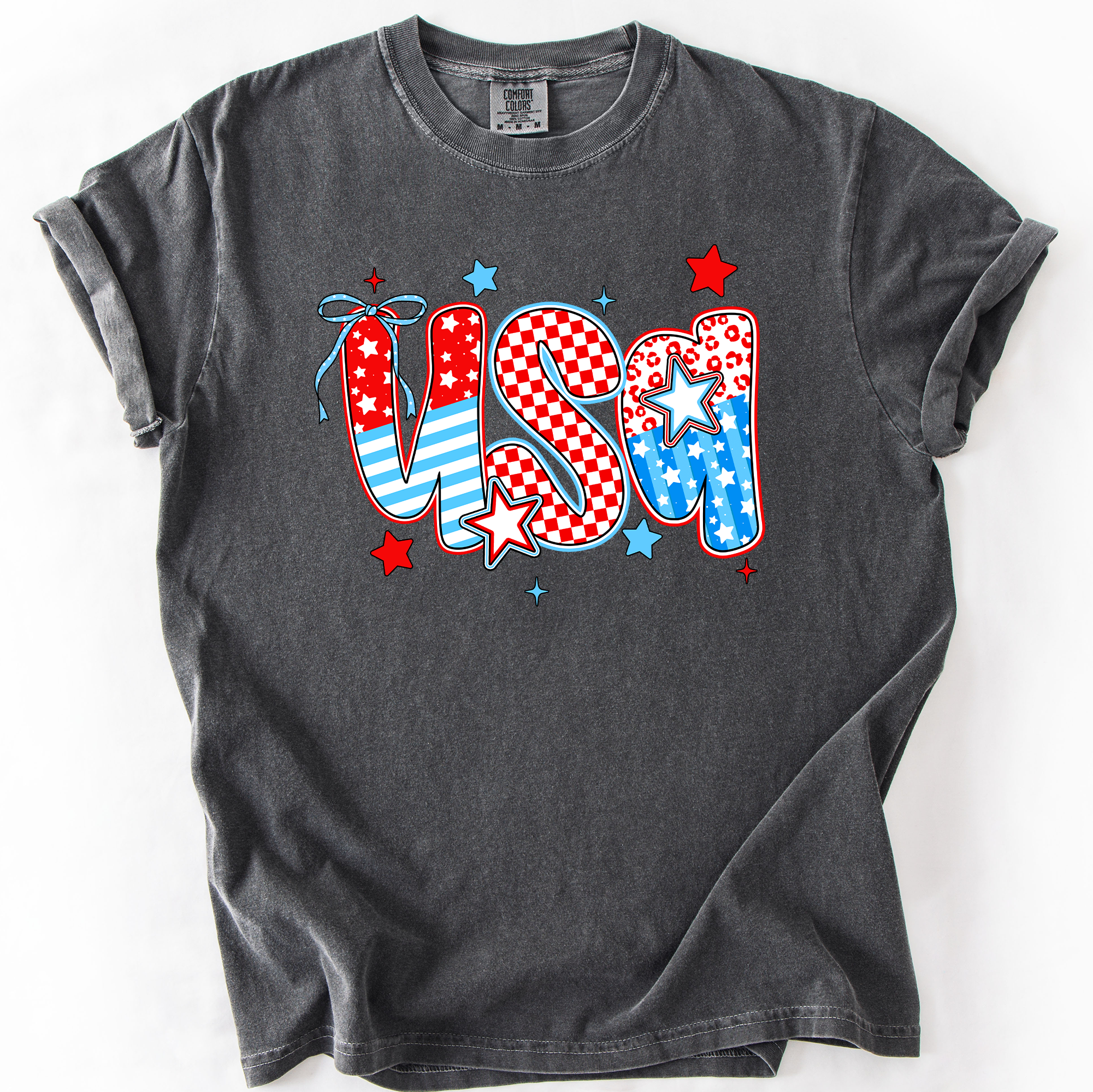 USA Patriotic Patterns Bow Fourth Of July America Design Edition Comfort Colors Tee
