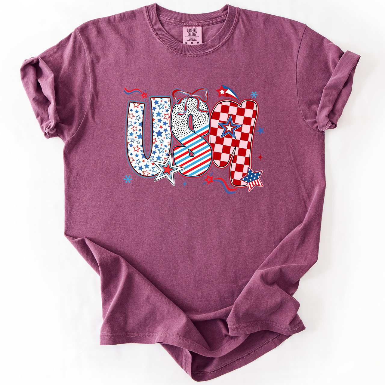USA Patriotic Patterns With Ribbons Fourth of July America Theme Comfort Colors Tee