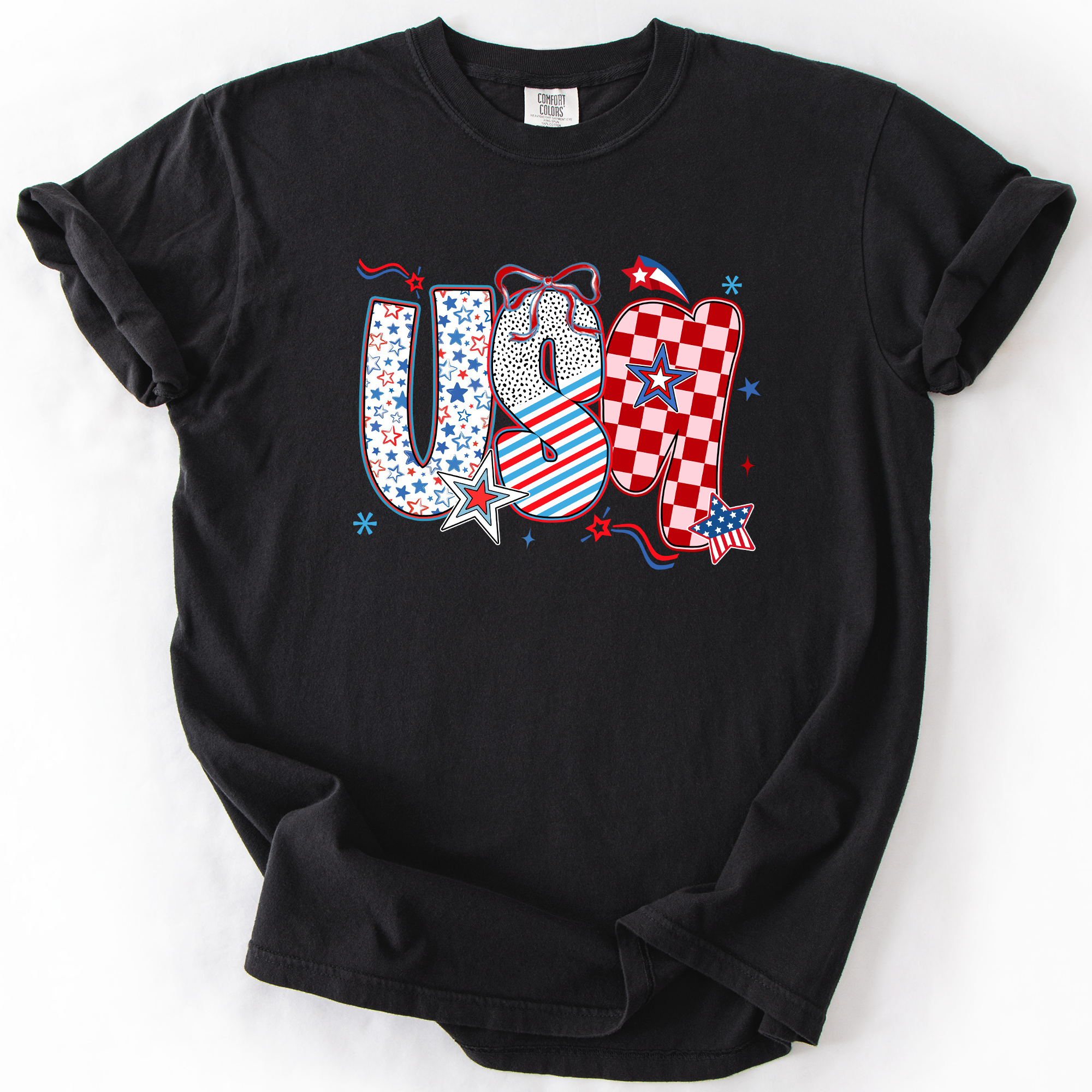 USA Patriotic Patterns With Ribbons Fourth of July America Theme Comfort Colors Tee