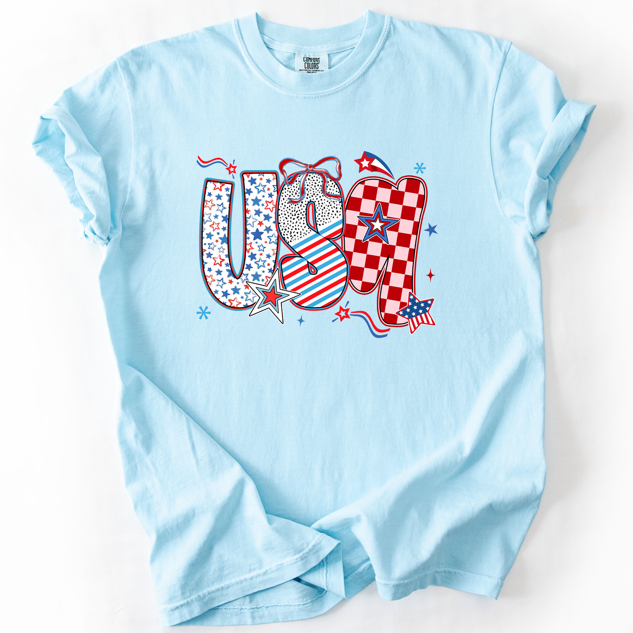 USA Patriotic Patterns With Ribbons Fourth of July America Theme Comfort Colors Tee