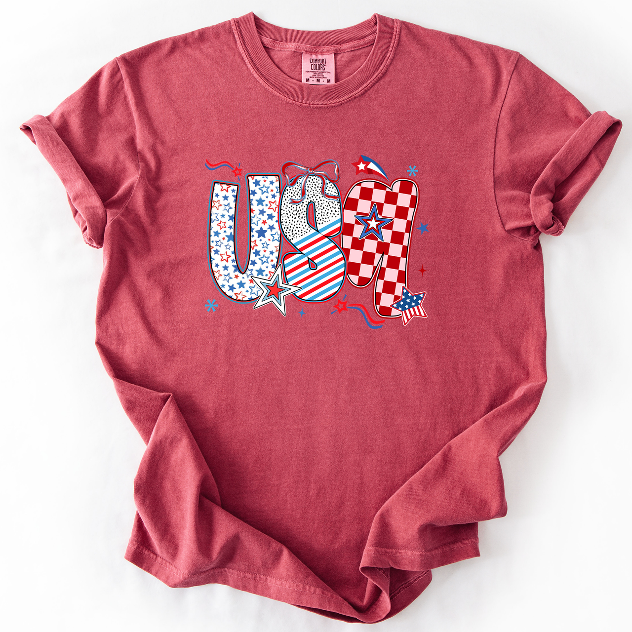USA Patriotic Patterns With Ribbons Fourth of July America Theme Comfort Colors Tee