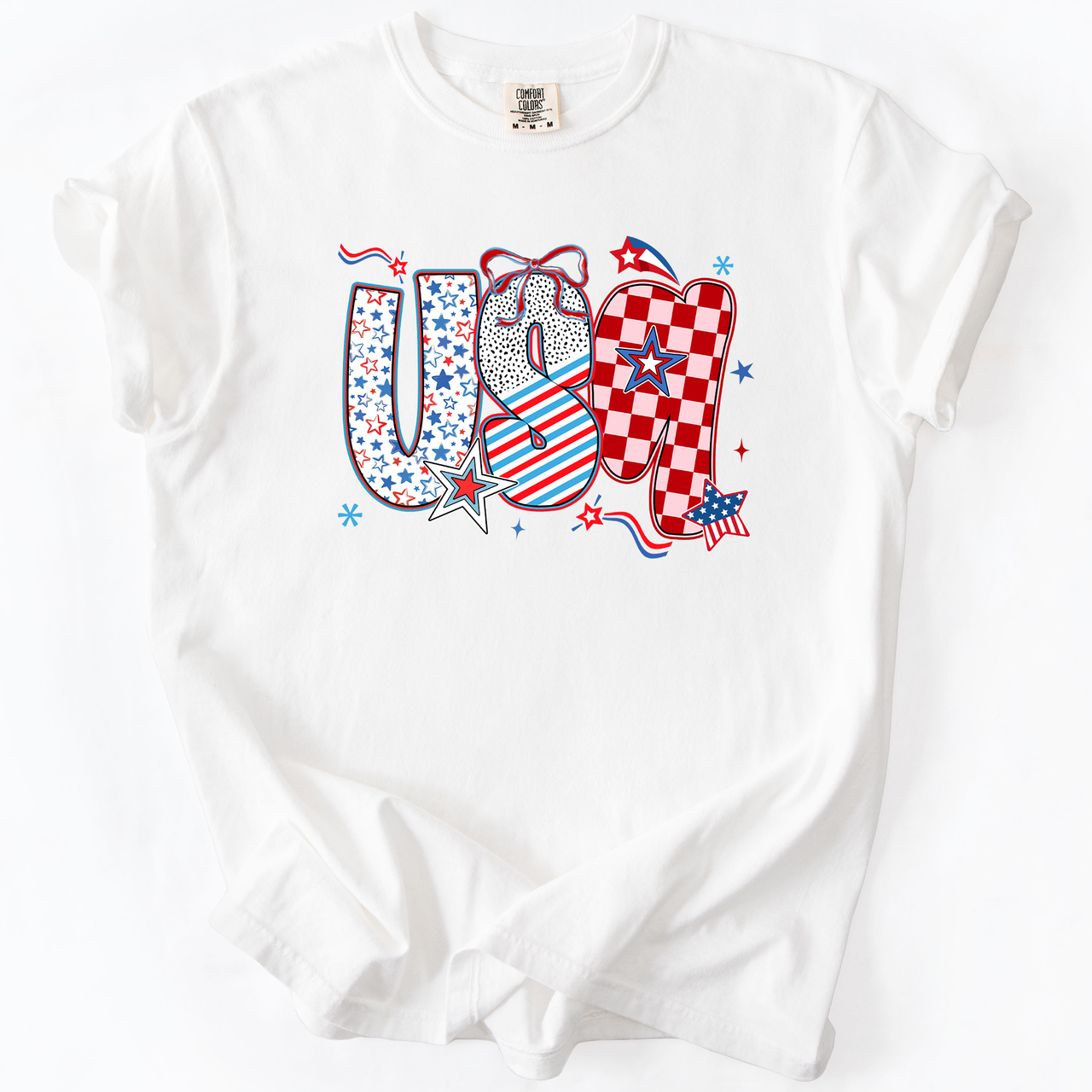 USA Patriotic Patterns With Ribbons Fourth of July America Theme Comfort Colors Tee