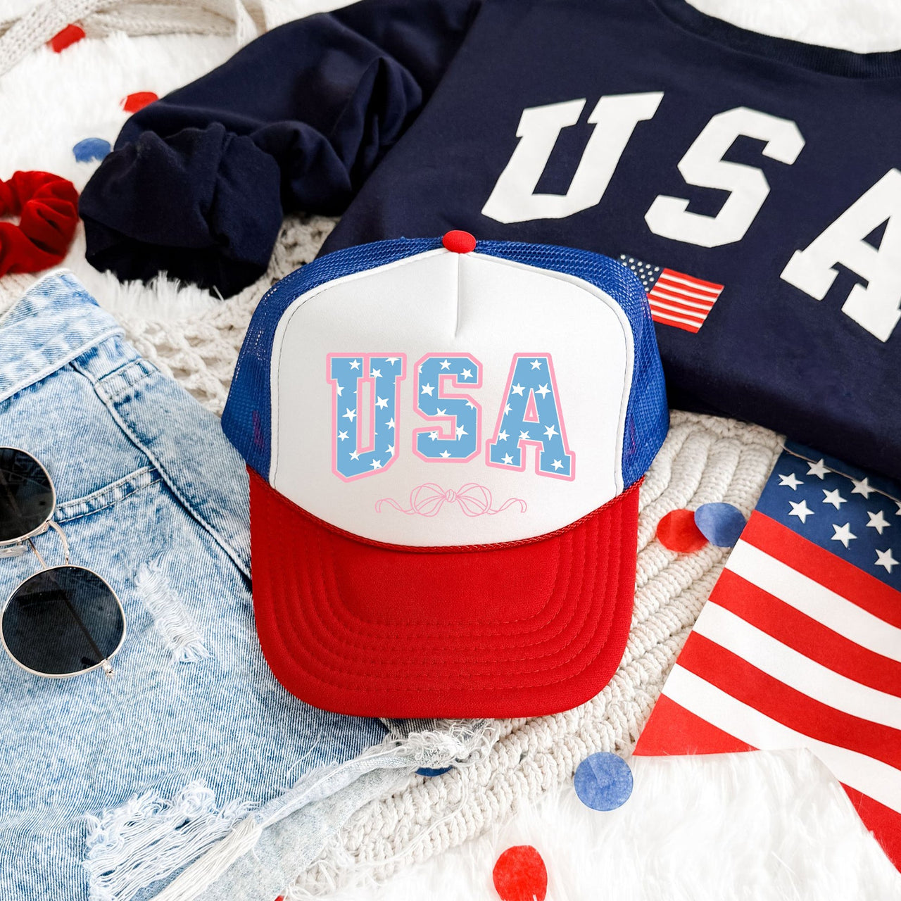 USA Ribbons And Bows Coquette Patriotic Design Deluxe Edition Snapback Trucker Hat