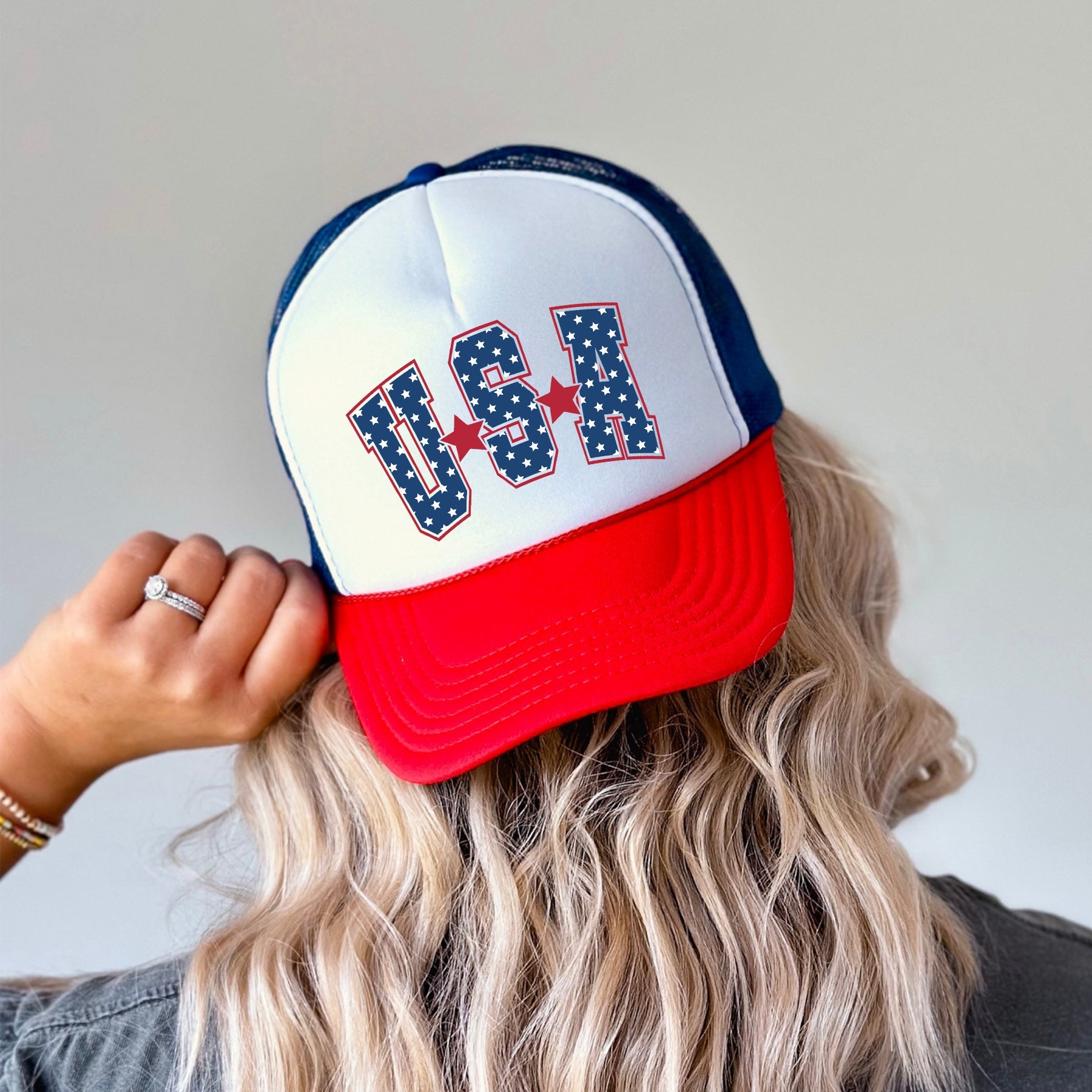 USA Stars Bright Patriotic Emblem Flag Print For American Pride And Freedom Trucker Hat