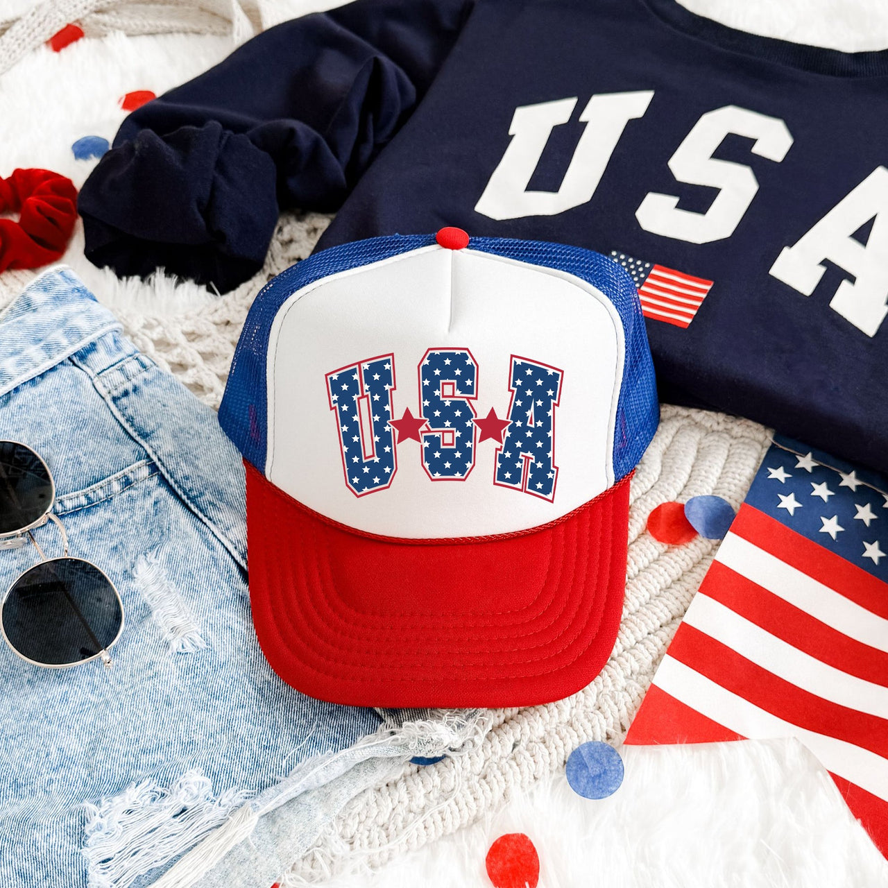 USA Stars Bright Patriotic Emblem Flag Print For American Pride And Freedom Trucker Hat