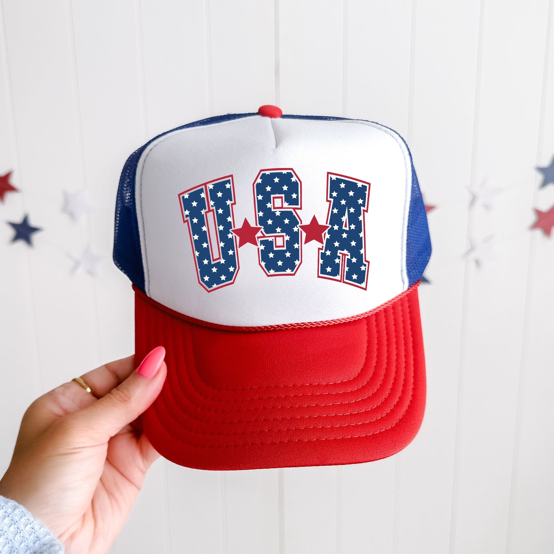 USA Stars Bright Patriotic Emblem Flag Print For American Pride And Freedom Trucker Hat