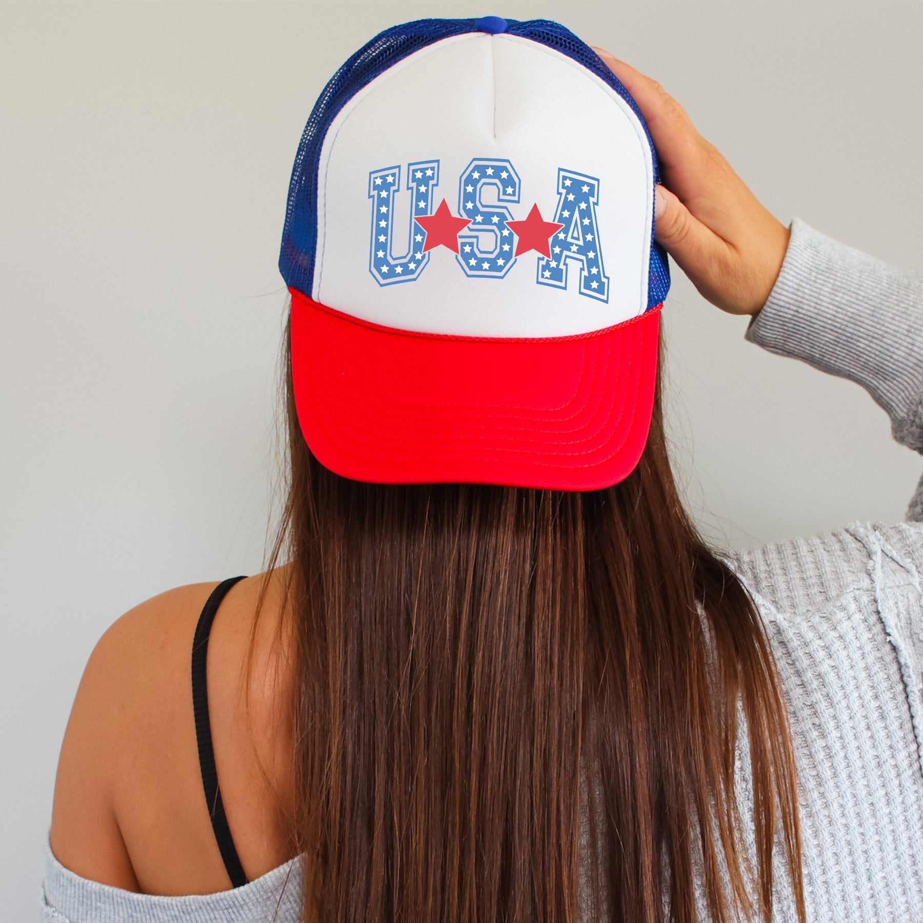 USA Stars Patriotic American Flag Emblem Bold Everyday Wear Trucker Hat With Adjustable Strap