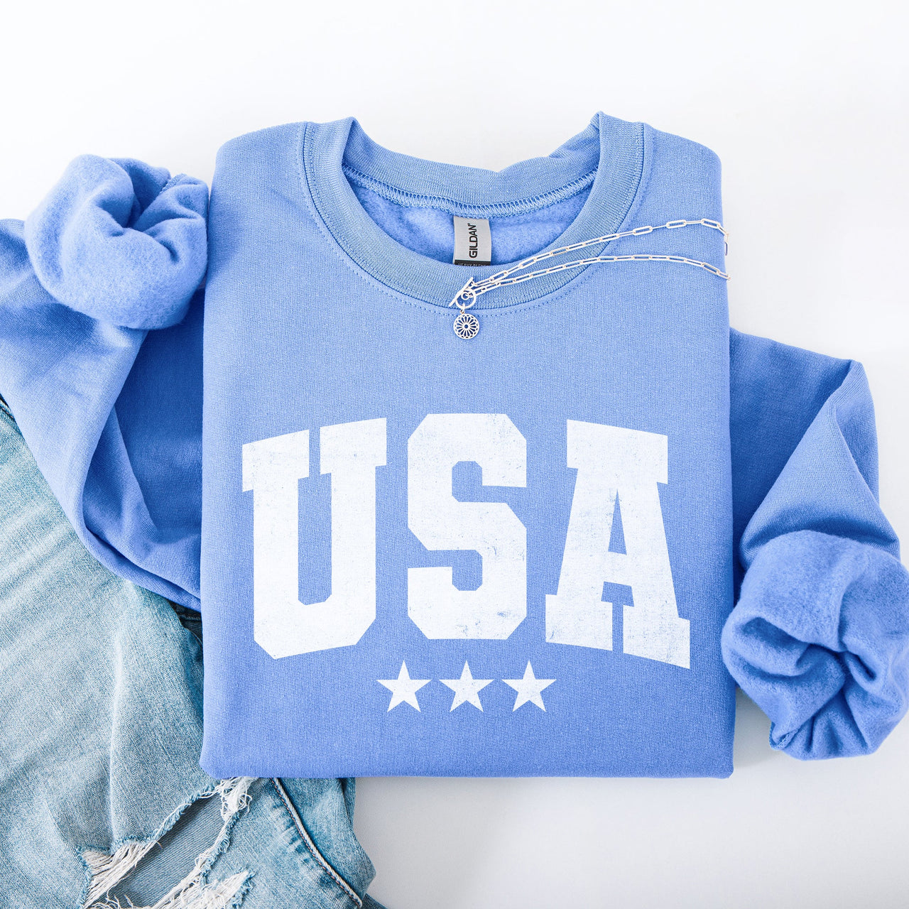 USA Stars Retro Patriotic America 4th of July Red White and Blue Vintage Distressed Sweatshirt