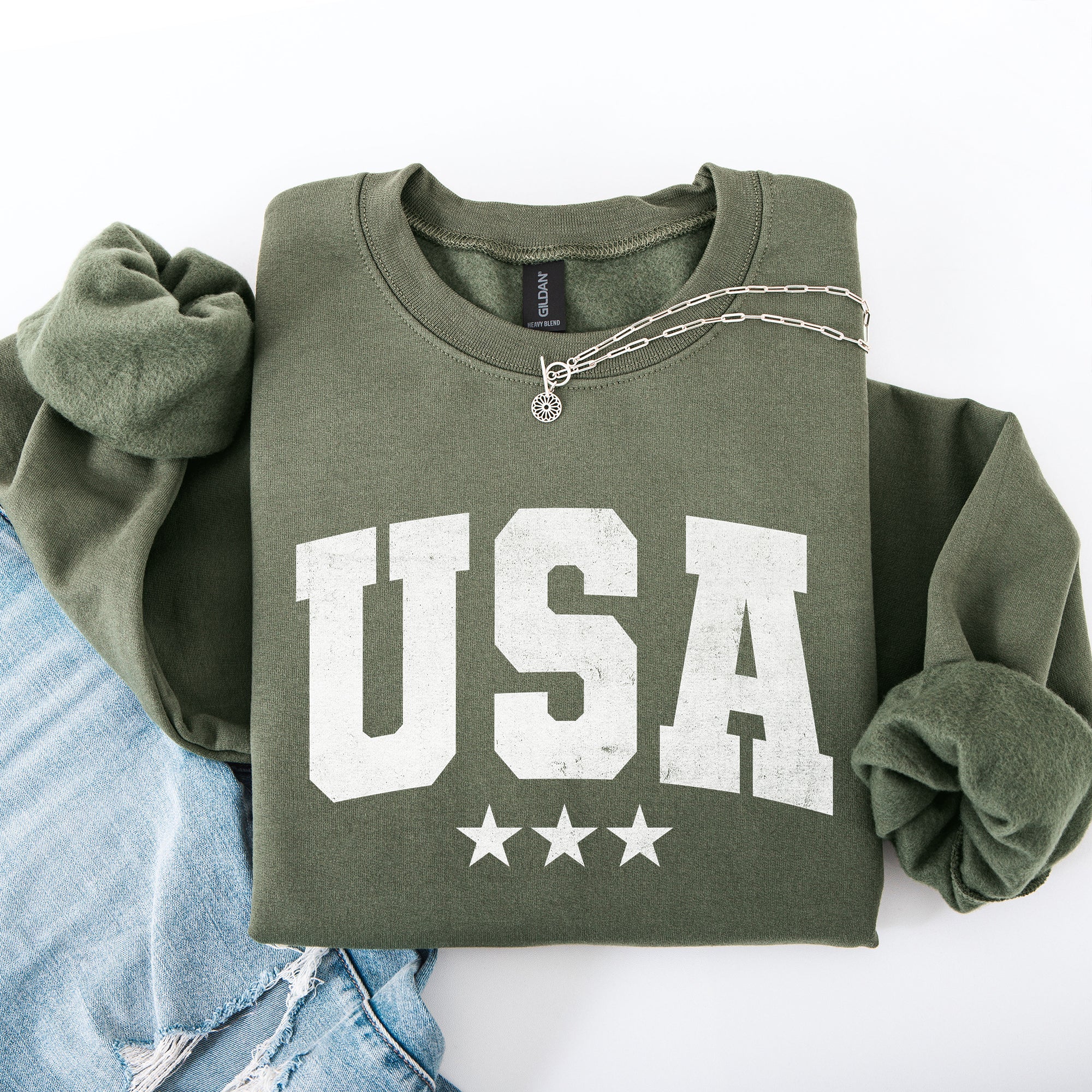 USA Stars Retro Patriotic America 4th of July Red White and Blue Vintage Distressed Sweatshirt