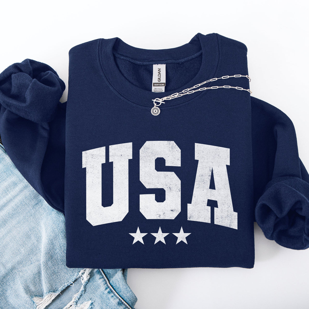 USA Stars Retro Patriotic America 4th of July Red White and Blue Vintage Distressed Sweatshirt