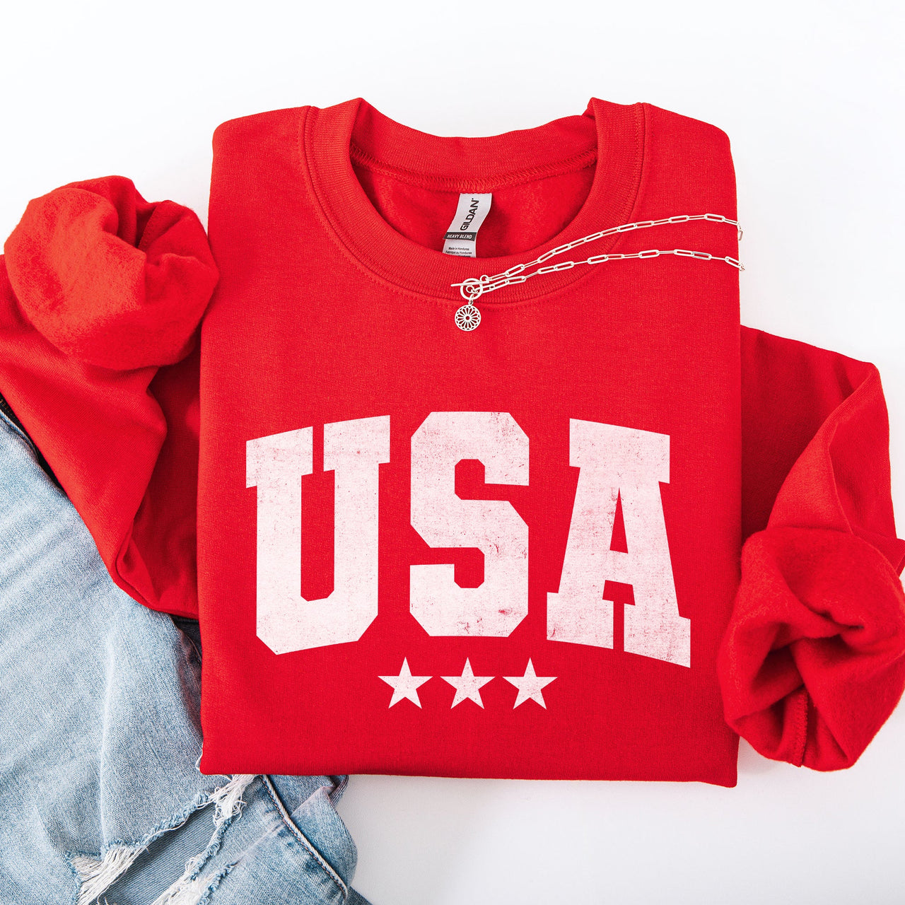 USA Stars Retro Patriotic America 4th of July Red White and Blue Vintage Distressed Sweatshirt