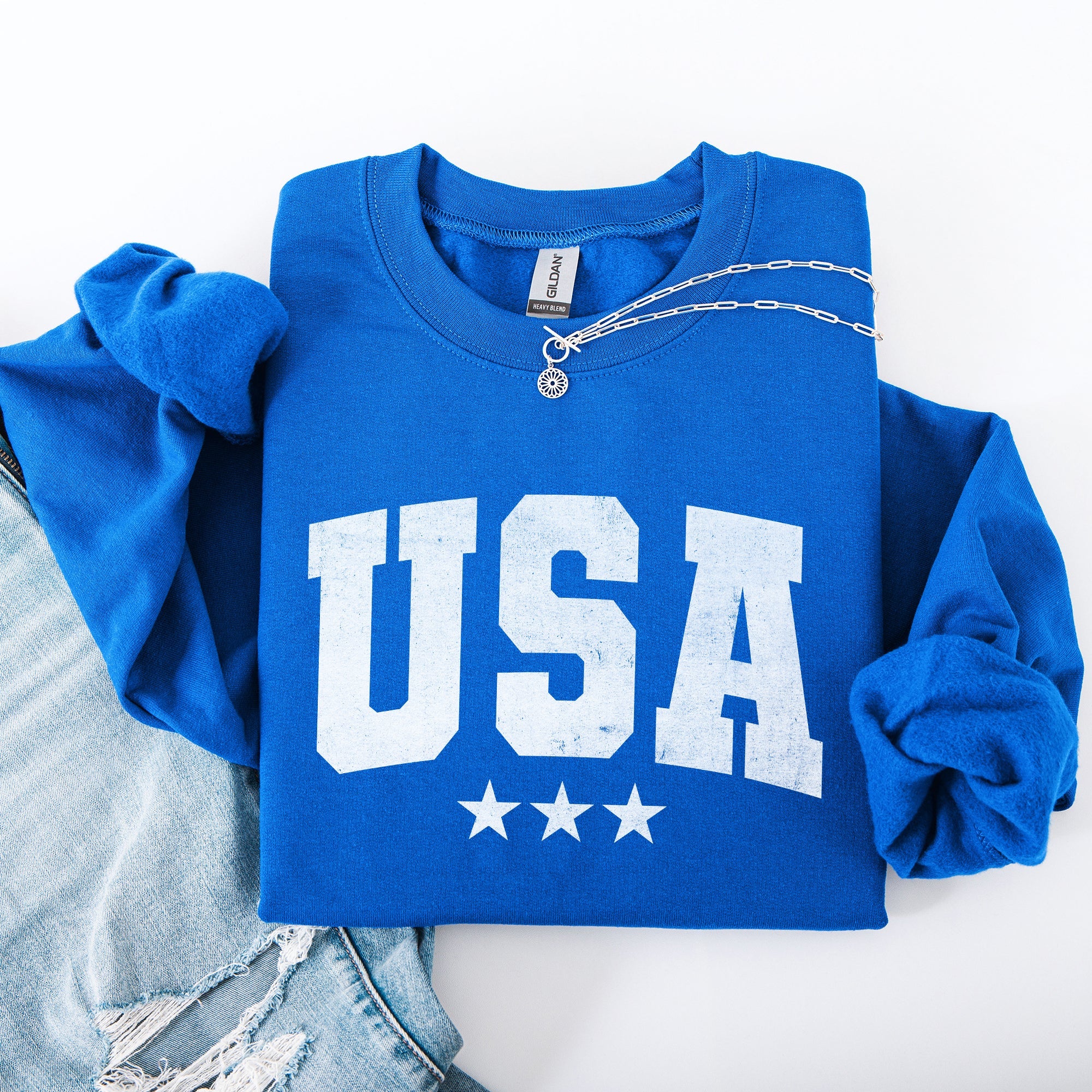 USA Stars Retro Patriotic America 4th of July Red White and Blue Vintage Distressed Sweatshirt