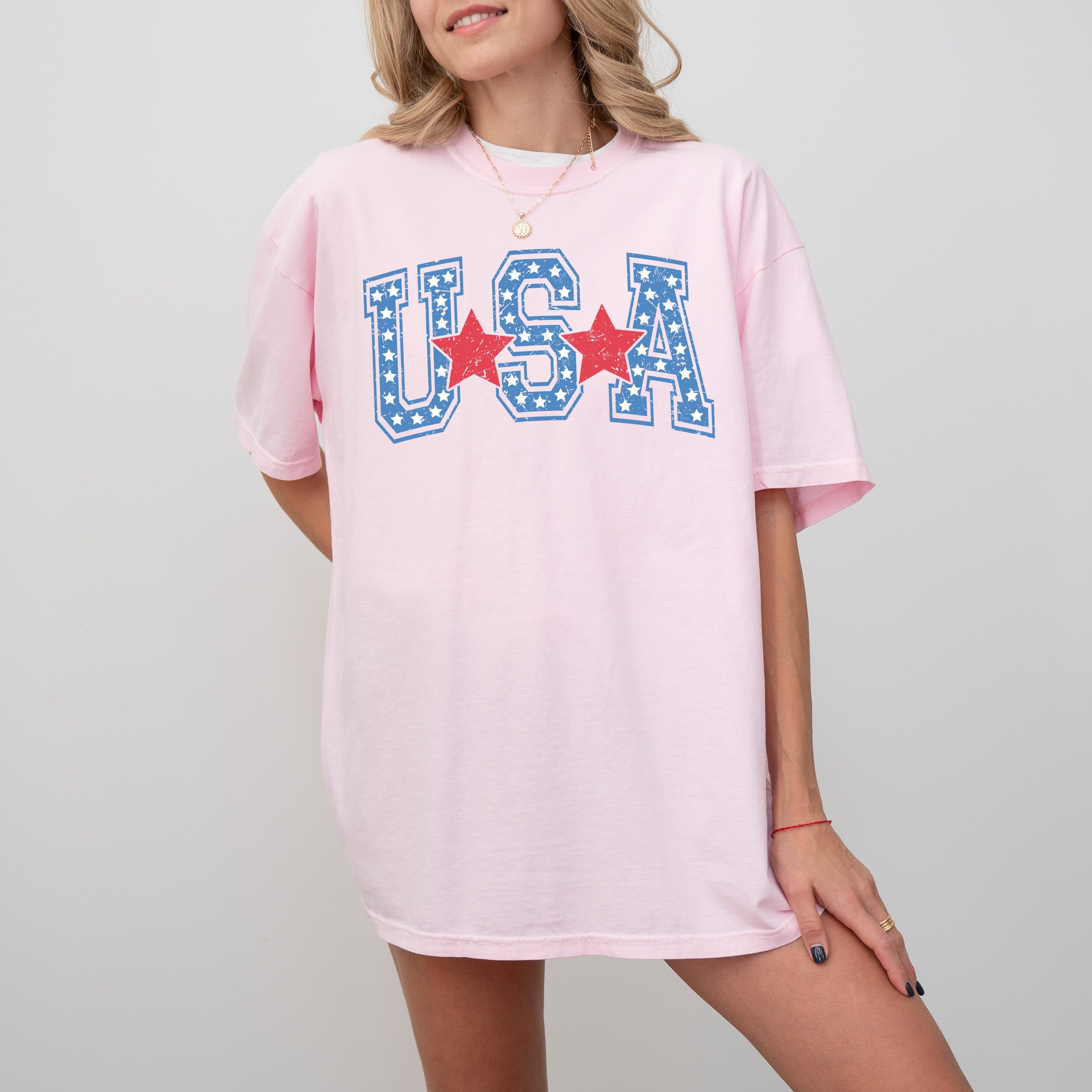 USA Stars Stripes Patriotic Retro Varsity Style Graphic Elements Comfort Colors Tee