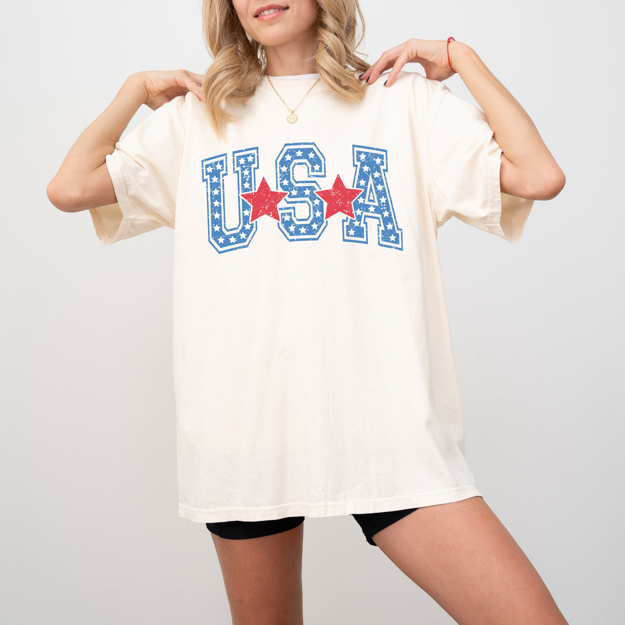 USA Stars Stripes Patriotic Retro Varsity Style Graphic Elements Comfort Colors Tee