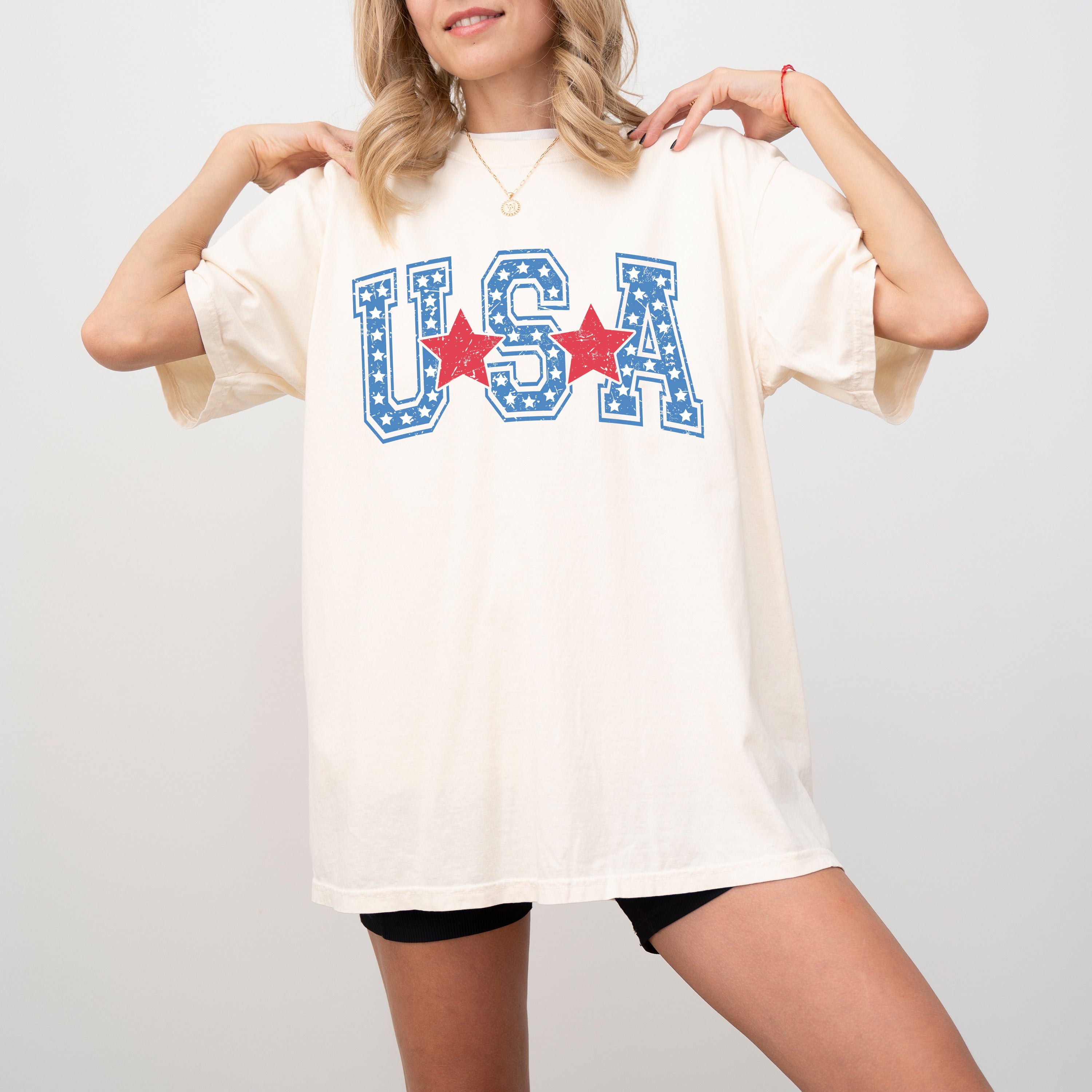 USA Stars Stripes Patriotic Retro Varsity Style Graphic Elements Comfort Colors Tee