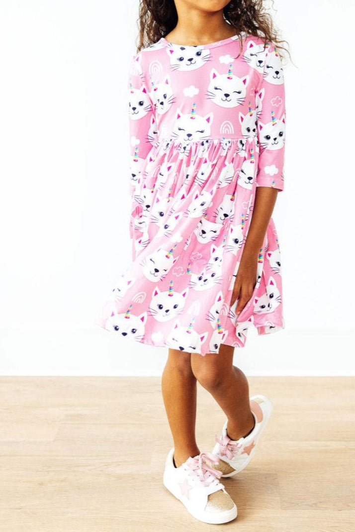 Unicorn Kitties 3/4 Sleeve Pocket Twirl Dress
