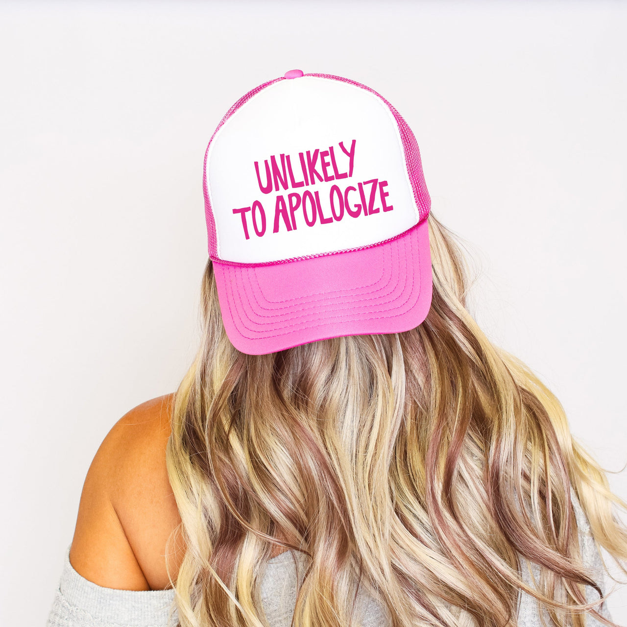Unlikely To Apologize, Sassy, Bold, Bright Pink Attitude For Standout Everyday Wear Trucker Hat