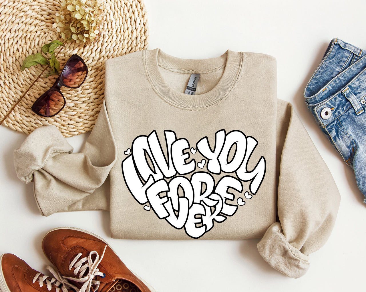 I Love You Forever Retro Valentine's Day Graphic Sweatshirt Vintage Inspired Cozy Fleece Lined Plush Comfort Warmth
