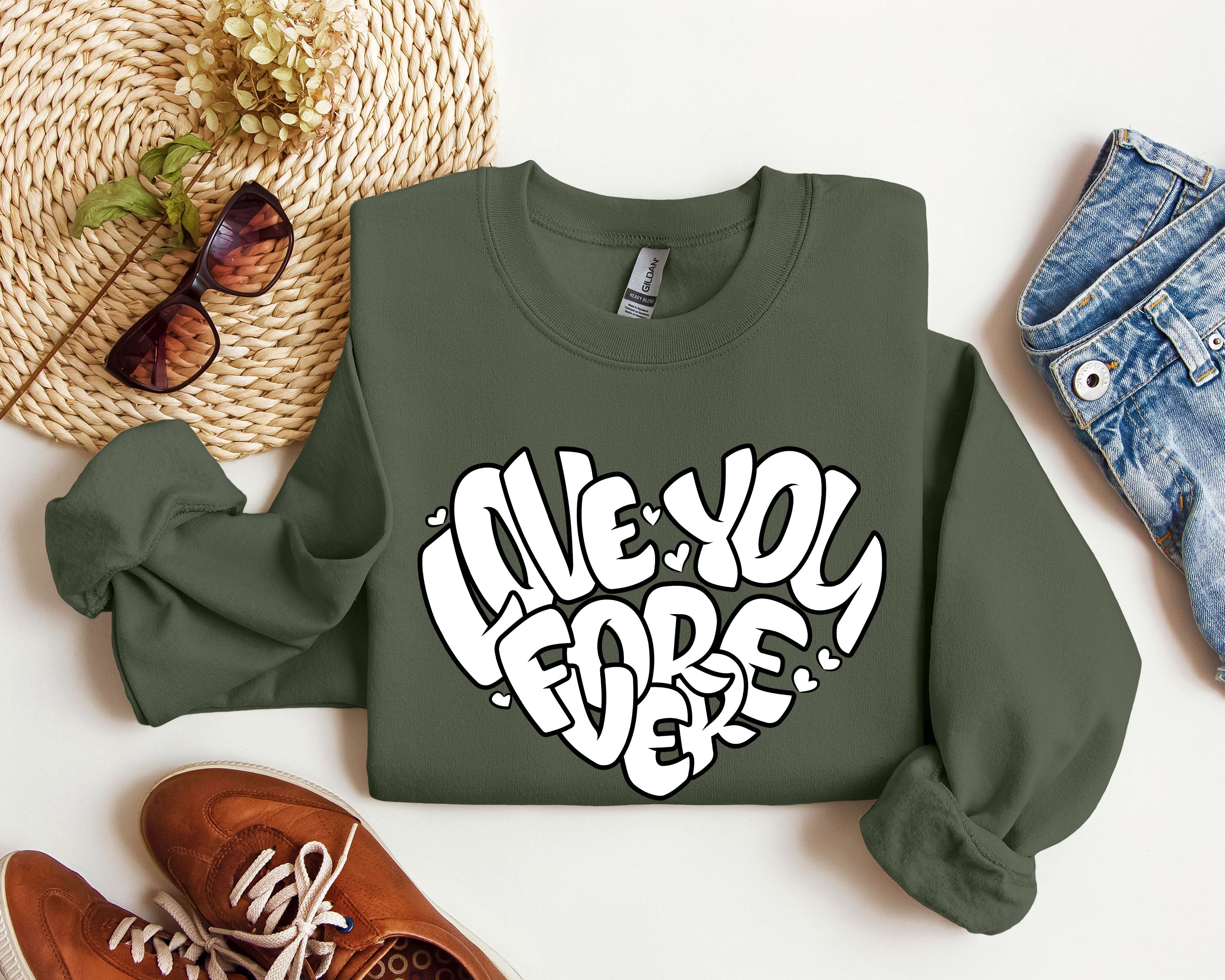 I Love You Forever Retro Valentine's Day Graphic Sweatshirt Vintage Inspired Cozy Fleece Lined Plush Comfort Warmth