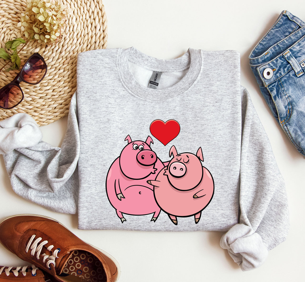 Retro Pig Lovers Funny Vintage Valentine's Day Cozy Casual Everyday Premium Sweatshirt