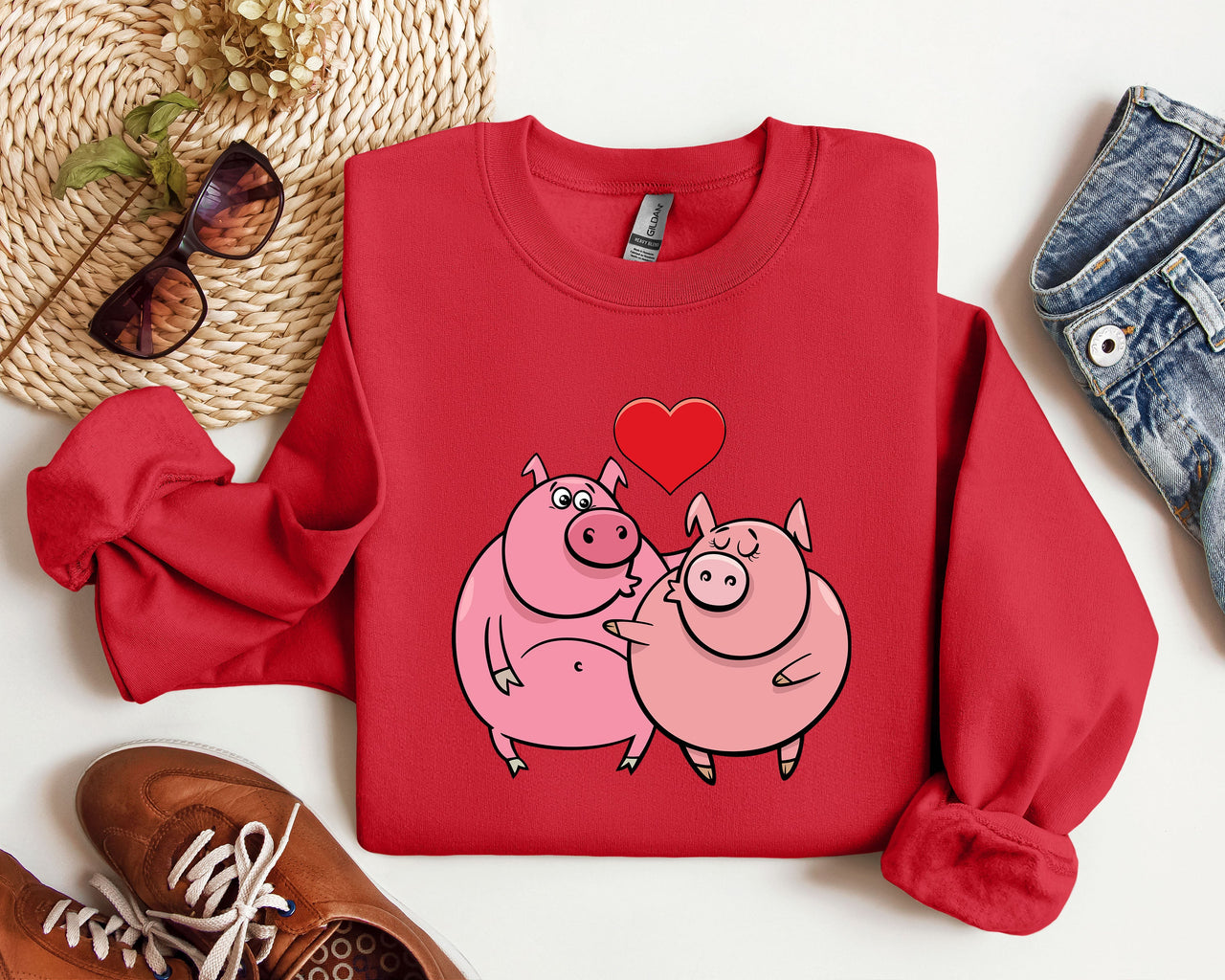 Retro Pig Lovers Funny Vintage Valentine's Day Cozy Casual Everyday Premium Sweatshirt