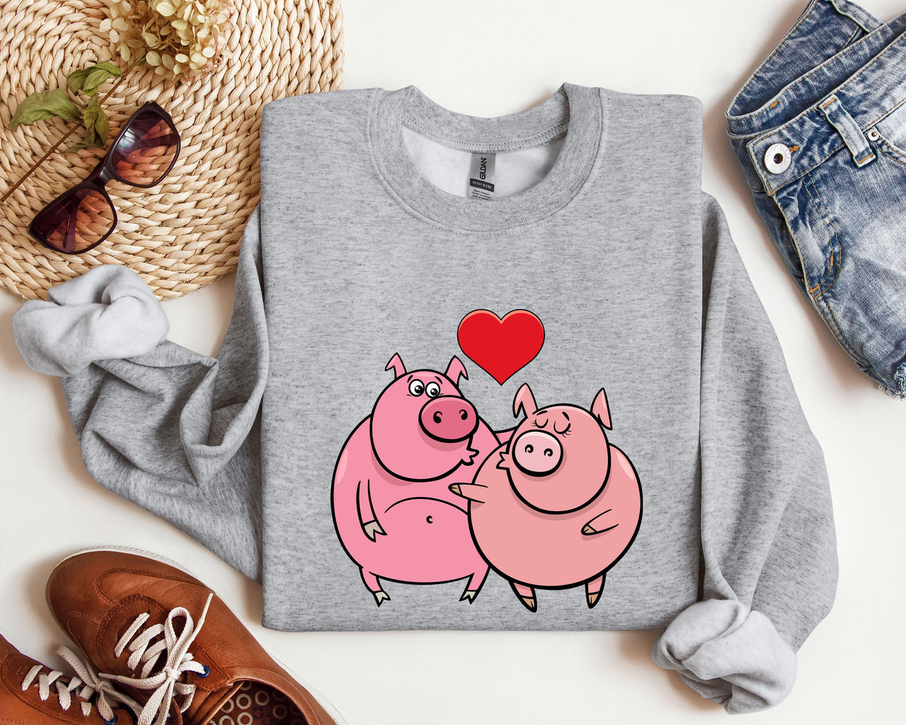 Retro Pig Lovers Funny Vintage Valentine's Day Cozy Casual Everyday Premium Sweatshirt
