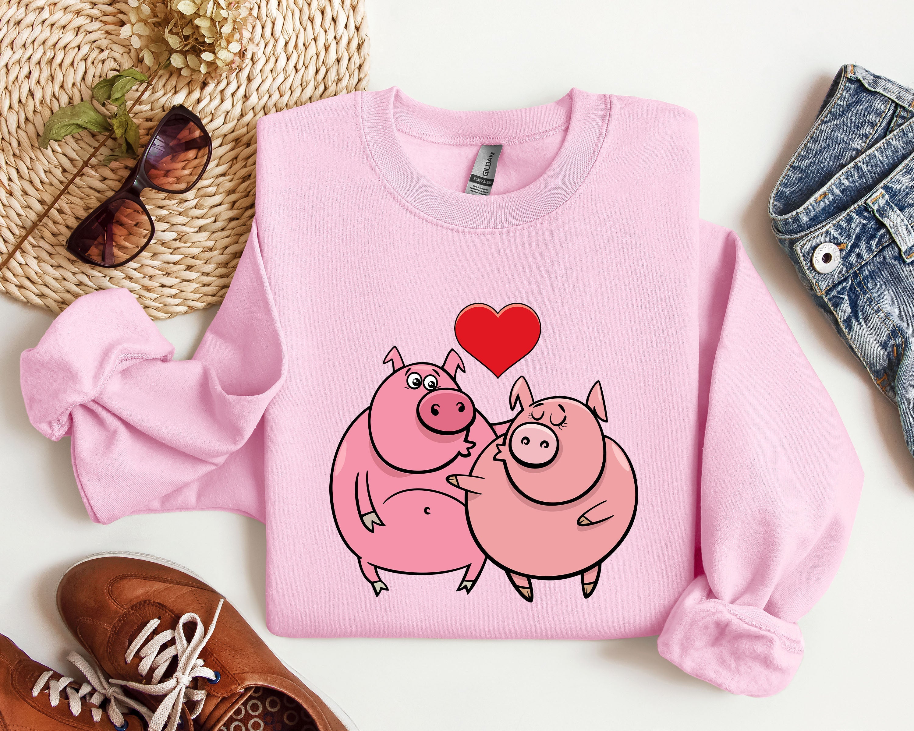 Retro Pig Lovers Funny Vintage Valentine's Day Cozy Casual Everyday Premium Sweatshirt