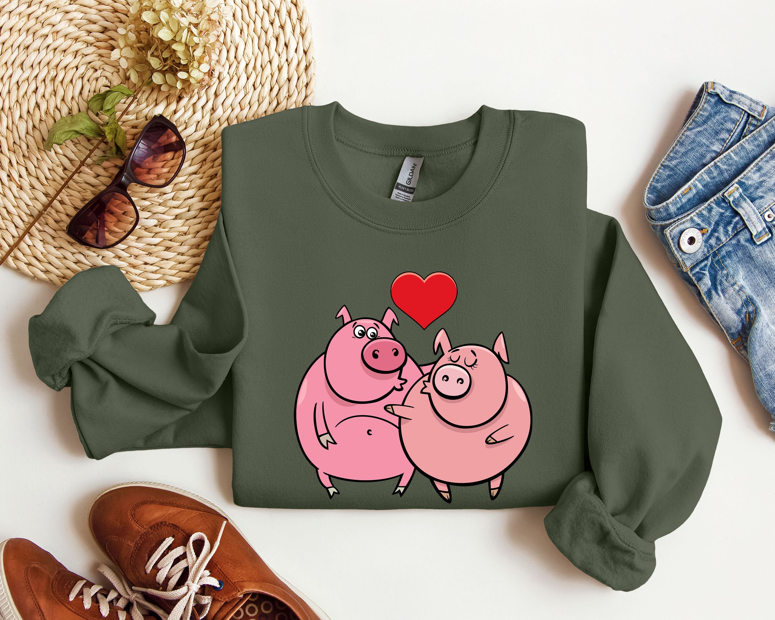 Retro Pig Lovers Funny Vintage Valentine's Day Cozy Casual Everyday Premium Sweatshirt