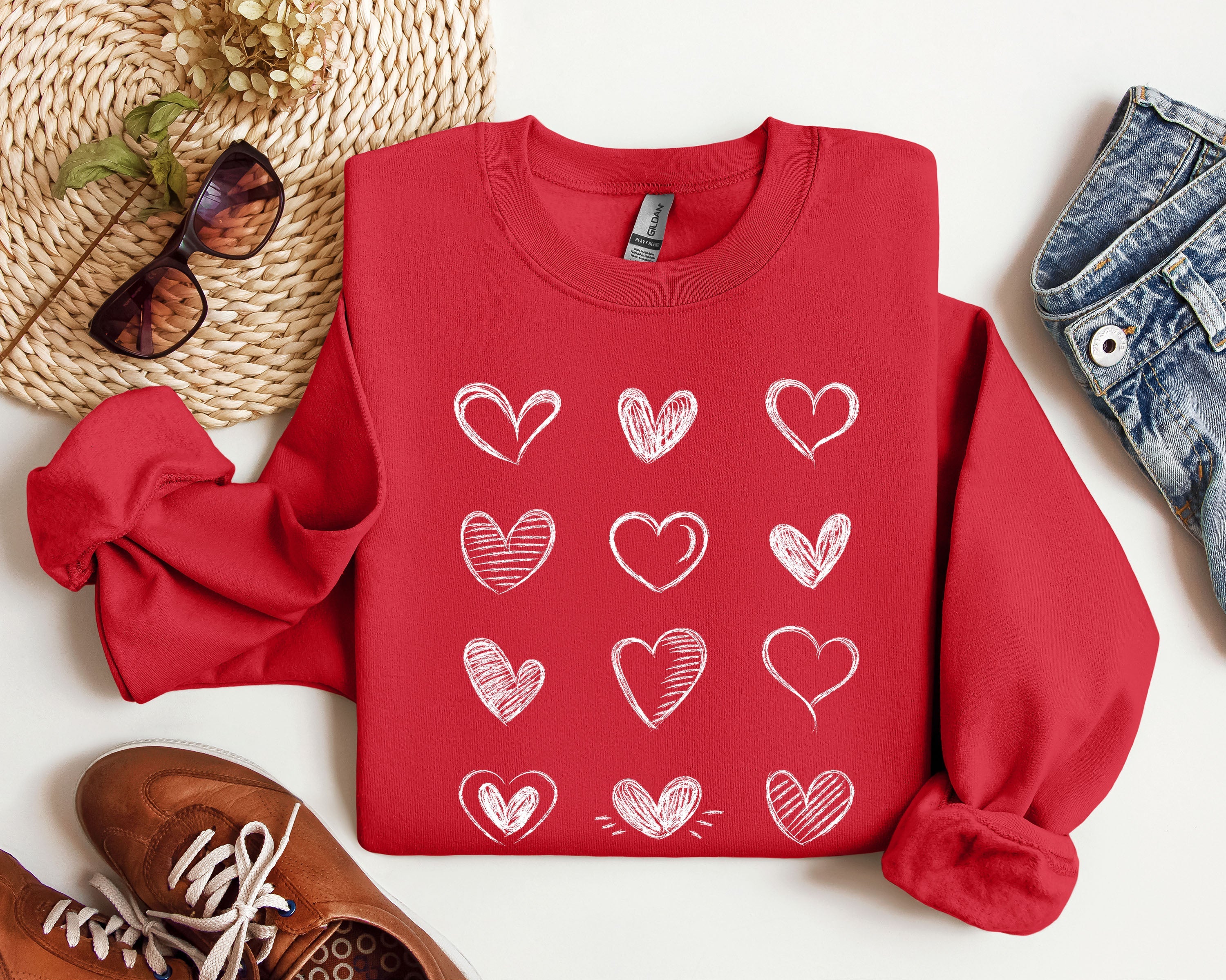 Retro Chic Hearts Vintage Valentine's Day Nostalgic Romance Graphic Print Sweatshirt